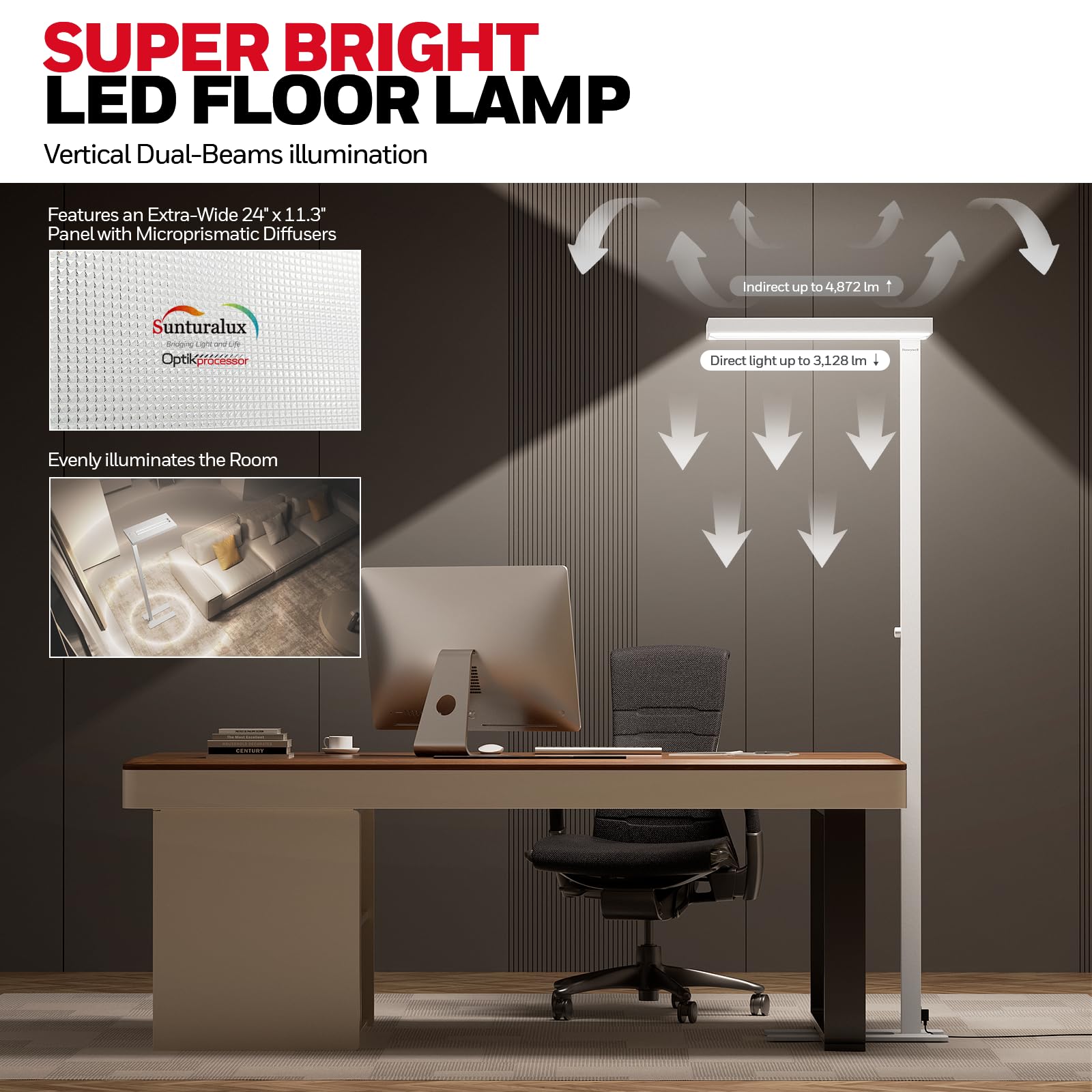 Honeywell LED Floor Lamp 8000LM Dimmable 77in Tall Eye-Caring 4000K White HWL-X02E-GEN