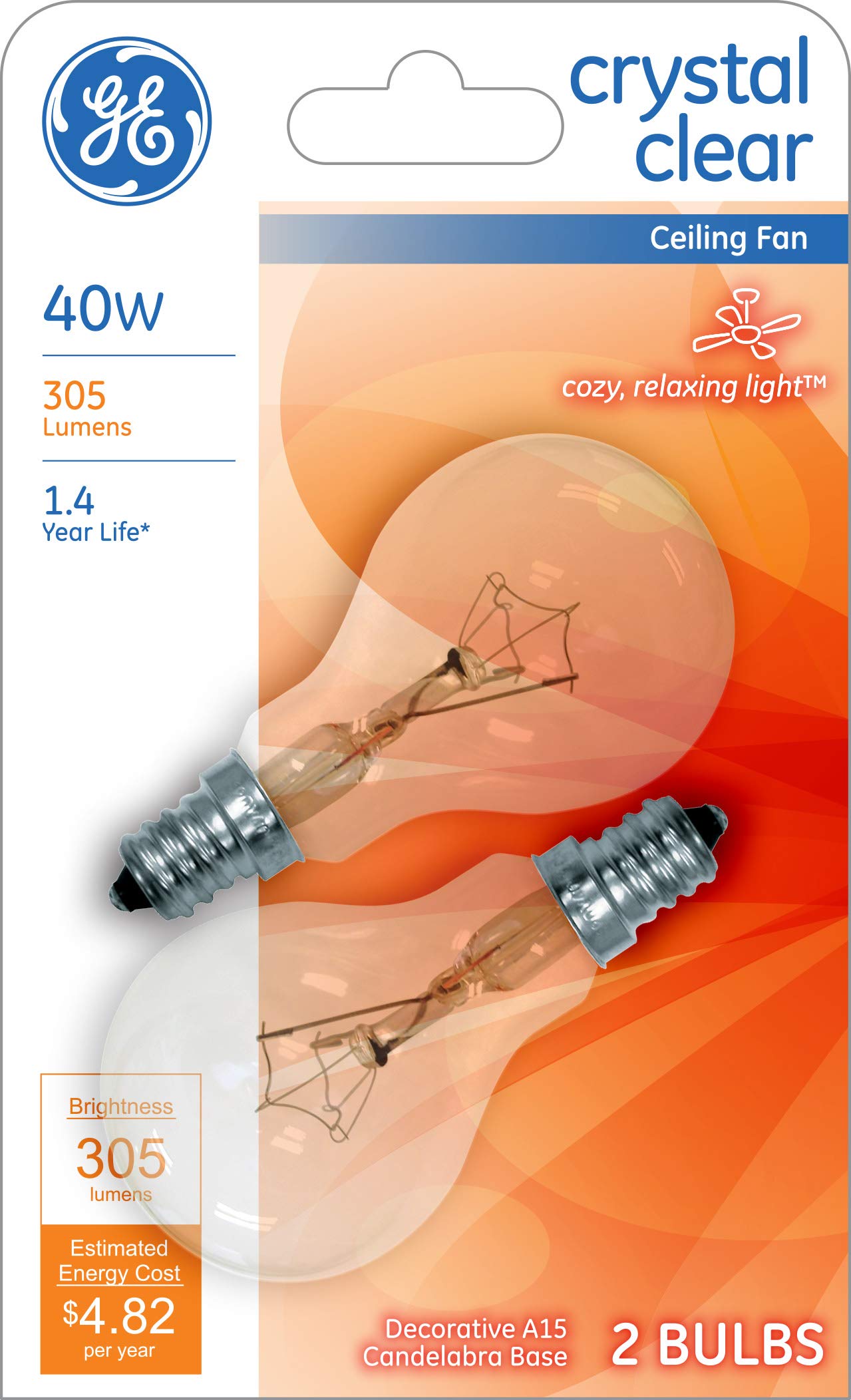Ge Lighting Decorative A15 Incandescent Ceiling Fan Light Bulb, 40-Watts, Crystal Clear, 2-Pack