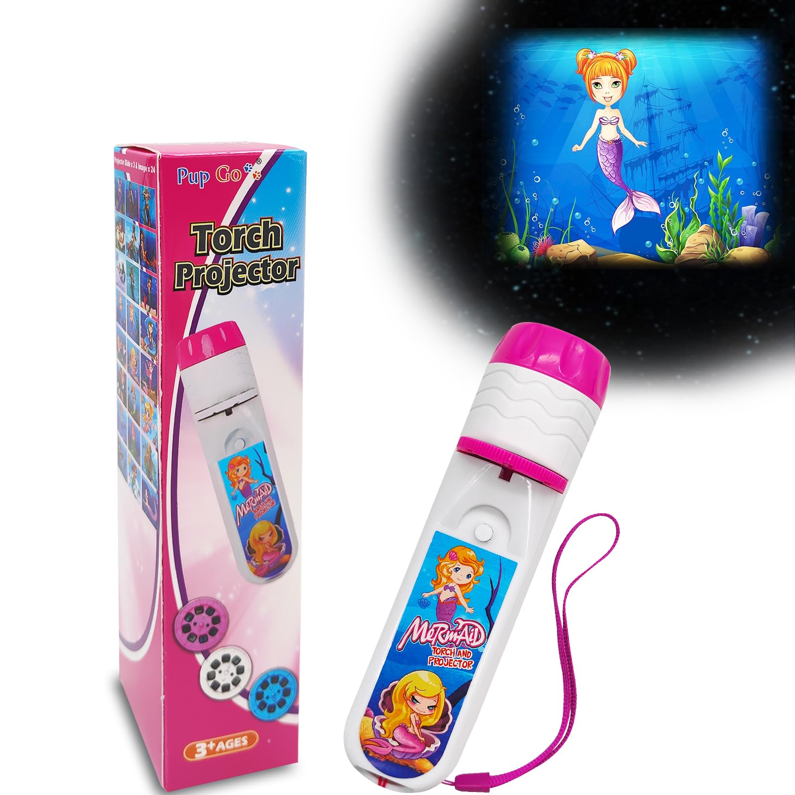 Pup Go Mermaid Torch and Projector with 3 Discs 24 Images, Pink Torches Toys for Girl Age 3 4 5 6 7 Year Old Kids, Fairy Gifts for Girls, Projector Night Light for Children Toddler(Mermaid)
