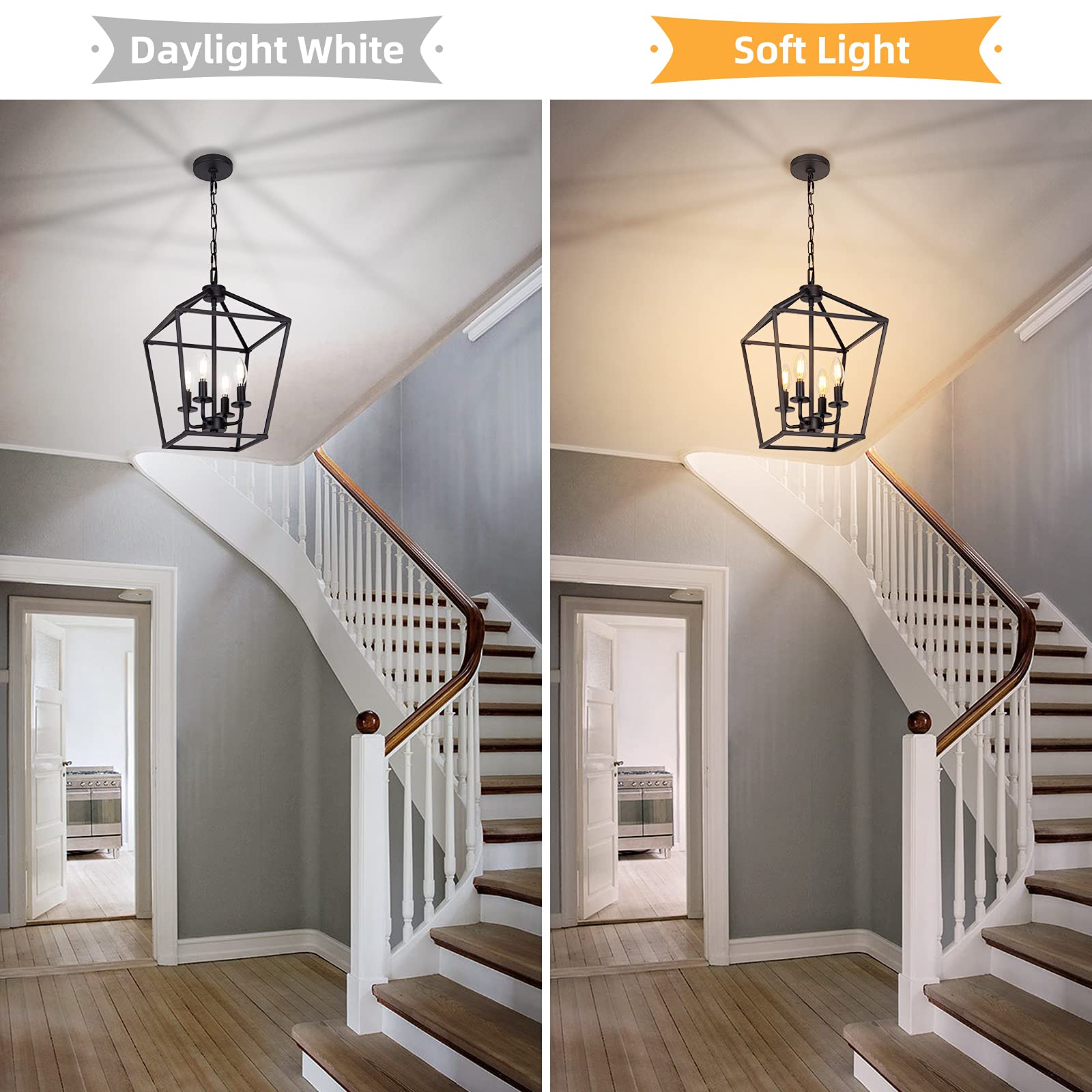Seaside Village 4 Light Pendant - Industrial Black Lantern Chandelier, Metal Cage, Adjustable Height for Kitchen, Bedroom, or Entryway