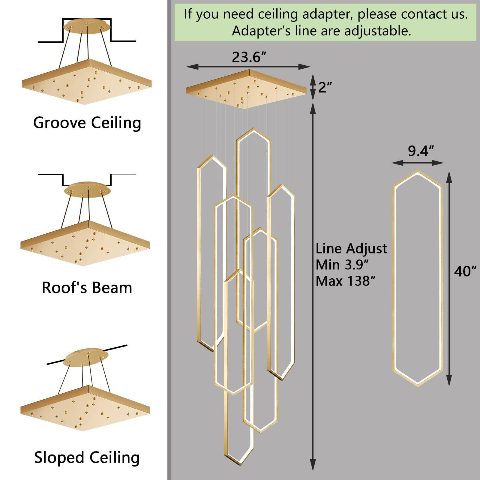 dolria 6-Rings Chandelier, Gold LED Flush Mount Light, 40in x 9.4in x 138in, Dimmable with Remote Control, Modern Design for High Ce
