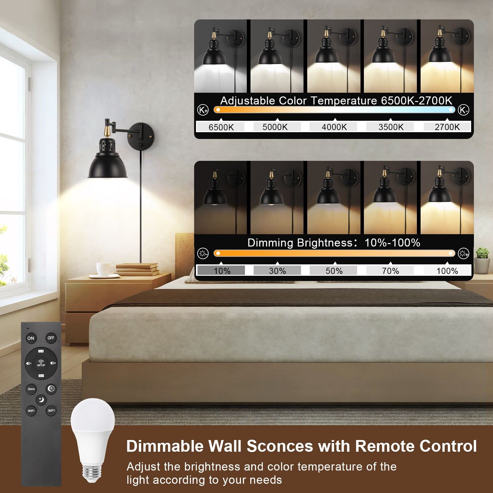 TRLIFE Wall Sconces Plug-in, Remote Control, Dimmable, Adjustable Color Temperature, 2 Pack, Black, Arm-W02-2Re