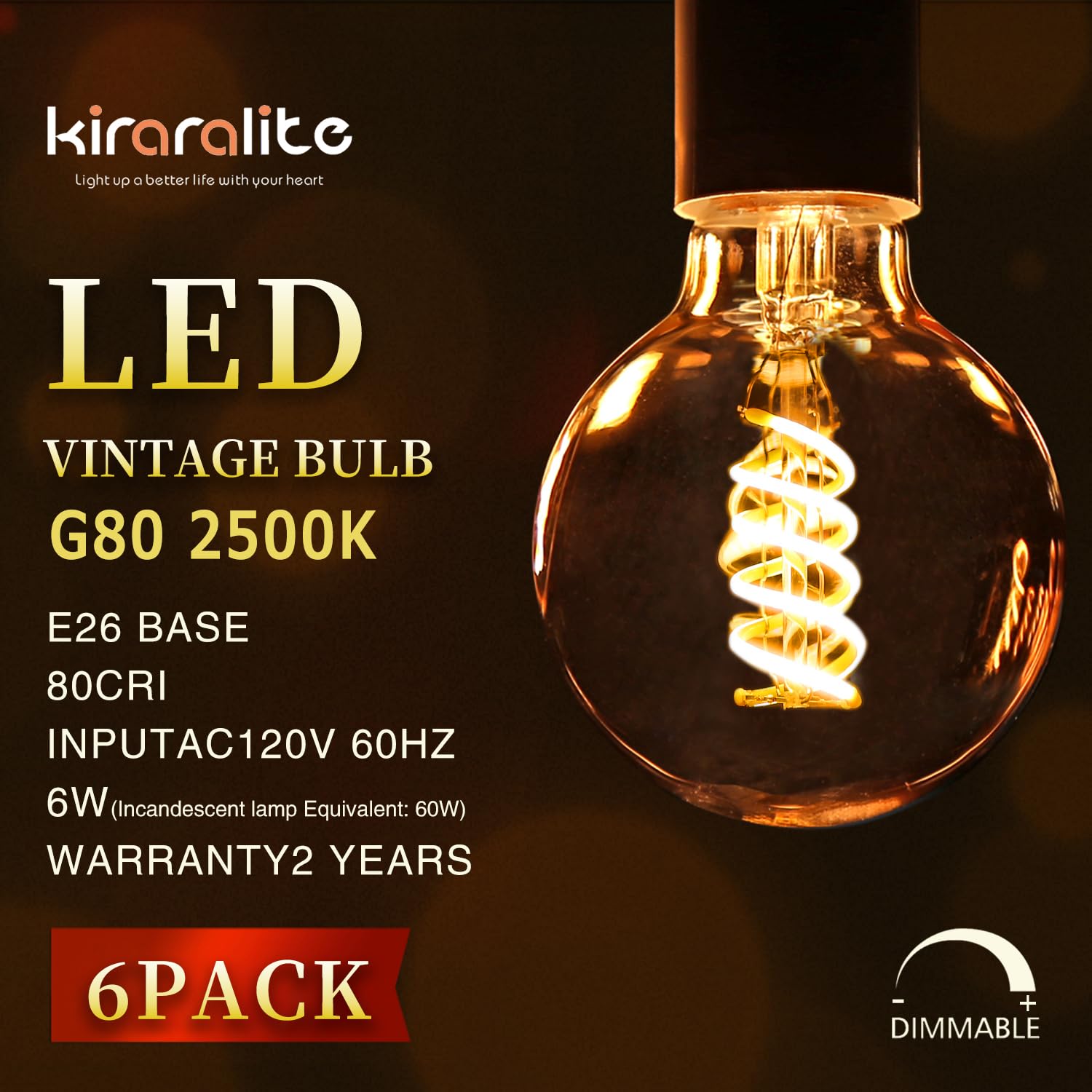 G25 Globe Light Bulbs, Antique Flexible Spiral Led Filament Light Bulb, Vintage Edison Bulb,6 Pack, Warm White 2500K,6W Equivale