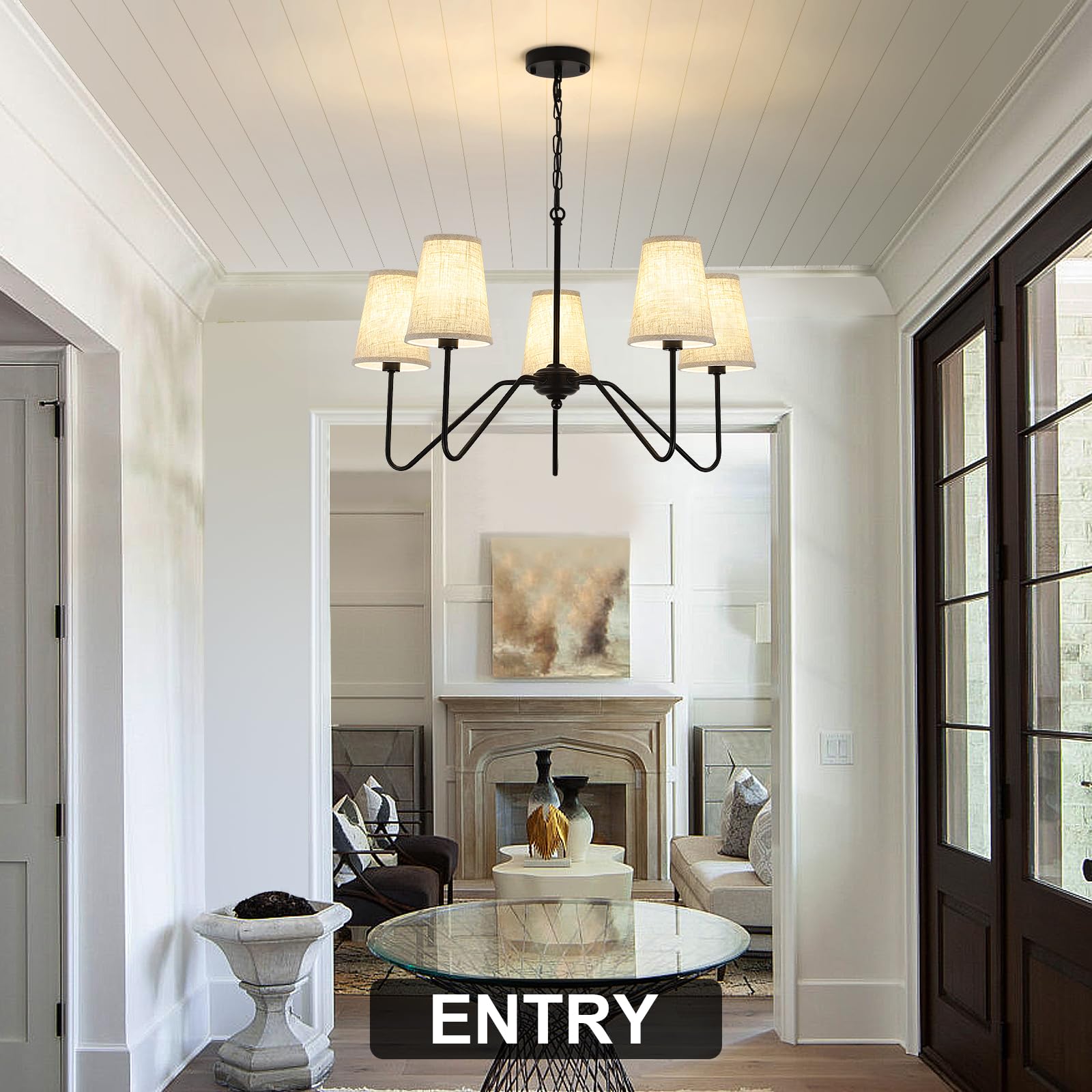 Jsdorsy Chandelier With Linen Shade  Black Dining Room Light Fixtures Over Table  Classic Pendant Light Fixtures Ceiling Hanging Lighting For Living Room Bedroom  5-Arm  30 Dia