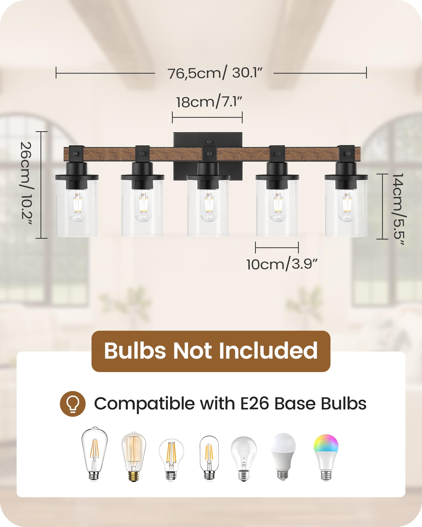 GOEBLESON 5-Light Bathroom Light Fixture, Rustic Brown Metal Vanity Lights, F10BD05 Model, Glass Shade Design