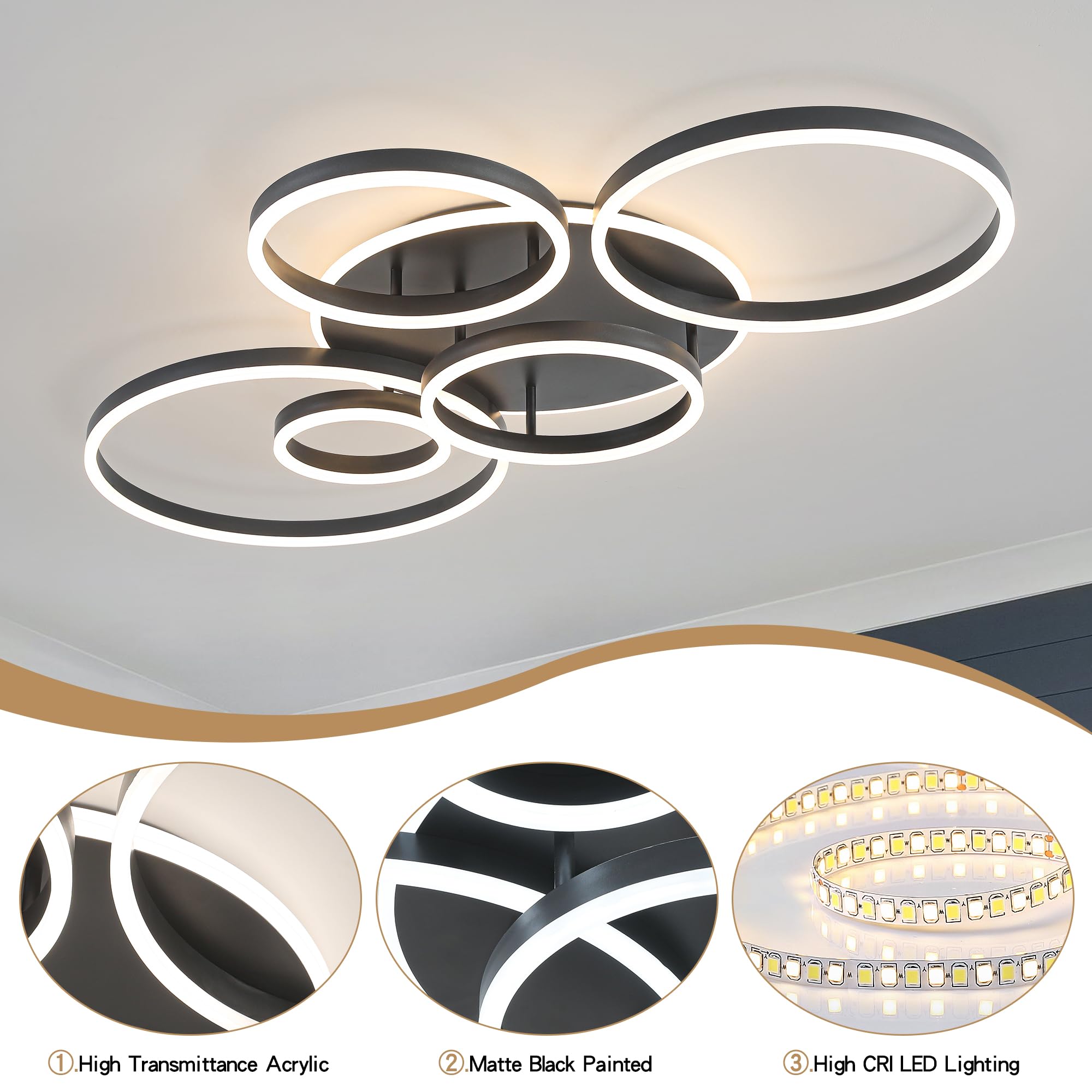 ONEELDY Black LED Flush Mount Ceiling Light, Dimmable, 47in Round 6 Rings Fixture for Dining Room, Living Room, Bedroom