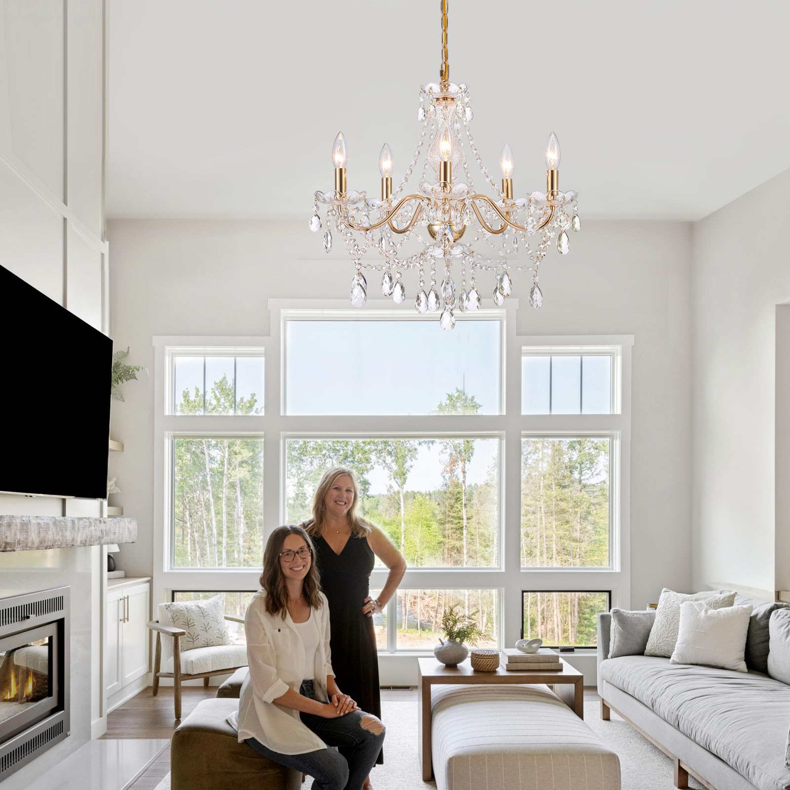 Amzasa Crystal Gold Chandelier  Glass Crystal Hanging Pendant Lighting  5 Light French Country Gold Crystals Chandelier For Ceiling Medallions Wedding Dining Kitchen  Foyer Dia 20   Golden