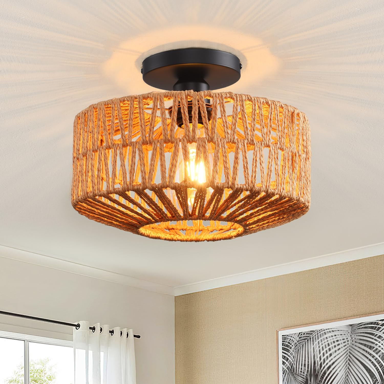 Kenmi Ceiling Light Fixture,Hand-Woven Rattan Flush Mount Ceiling Light,Farmhouse Light Fixtures Ceiling Mount Boho For Hallway 