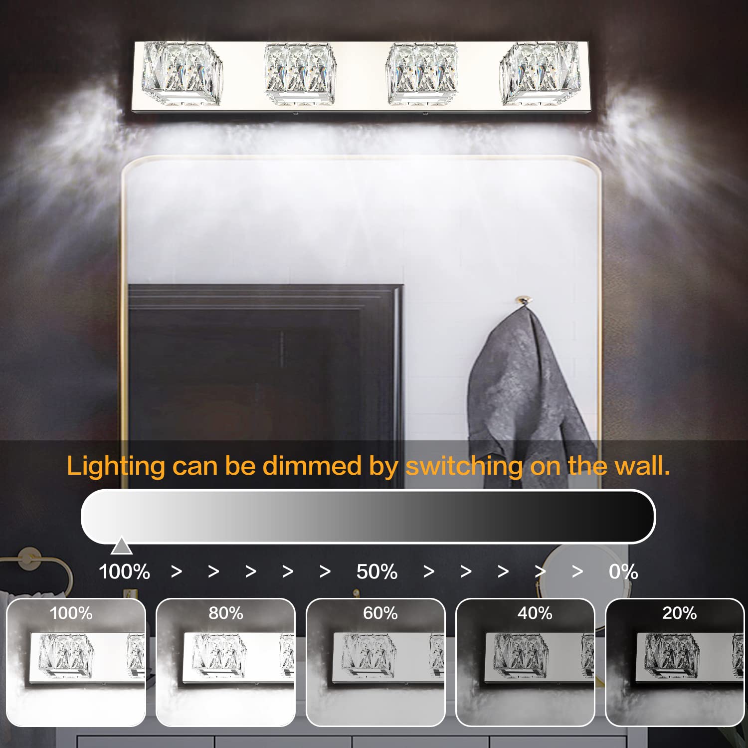 ZUZITO 4-Light Bathroom Vanity Light - Chrome Stainless Steel, Dimmable, 27.6" Size, Modern Crystal Design, Model Z7800-4T-6000k