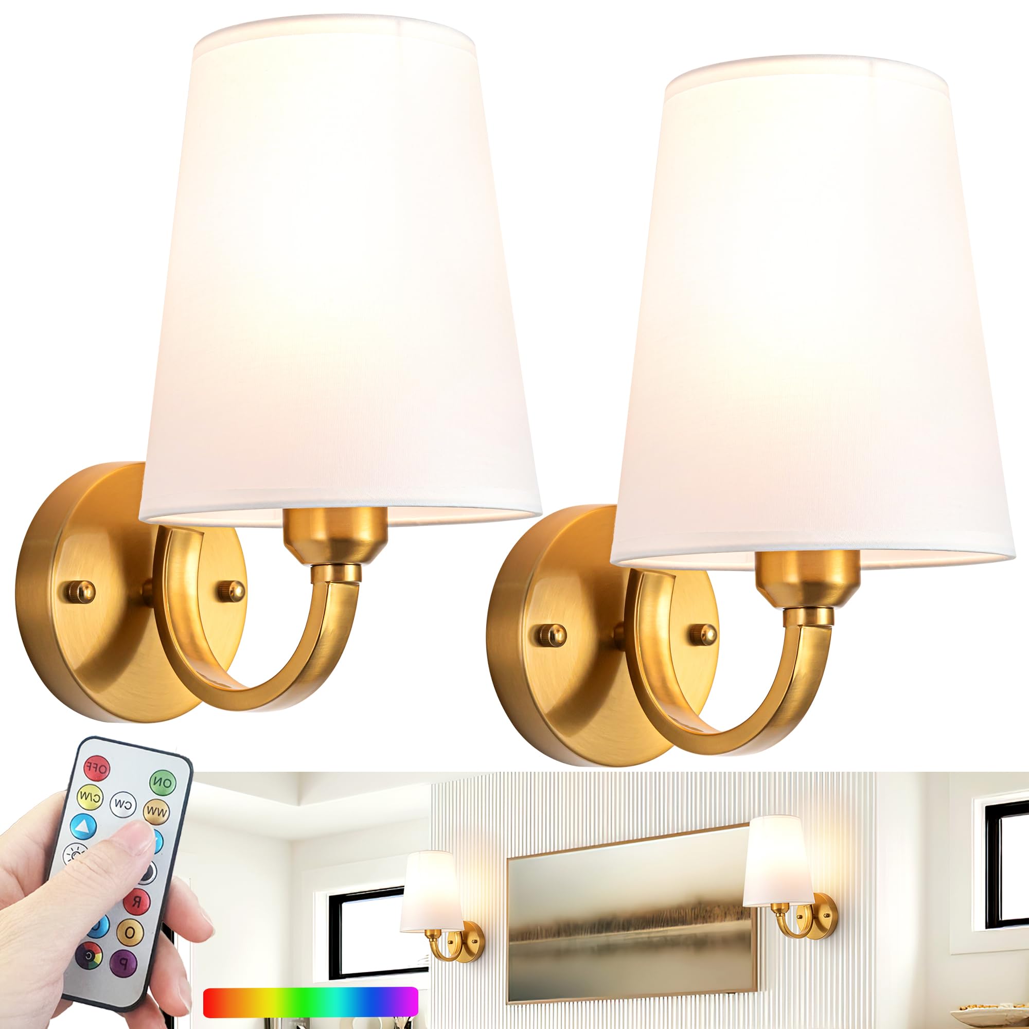 Slywise Battery Operated Rechargeable Wall Sconce, 7 Color Rgb, Usb Charging, Brass Finish