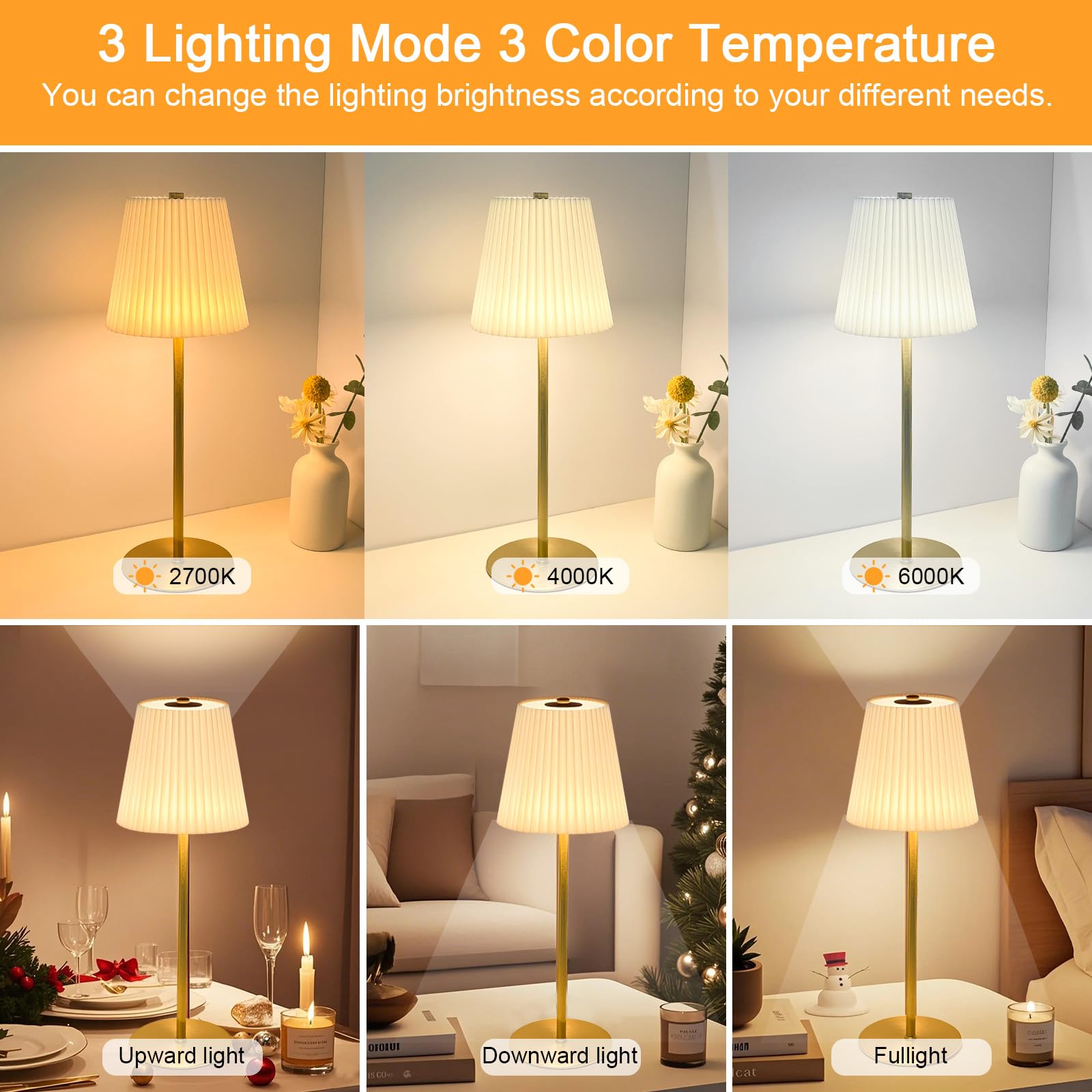 Cordless Table Lamp Rechargeable Gold,1 Pack Fabric Shade 5200Mah Battery Operated Lamp For Decor,Stepless Dimming 3 Lighting Mo