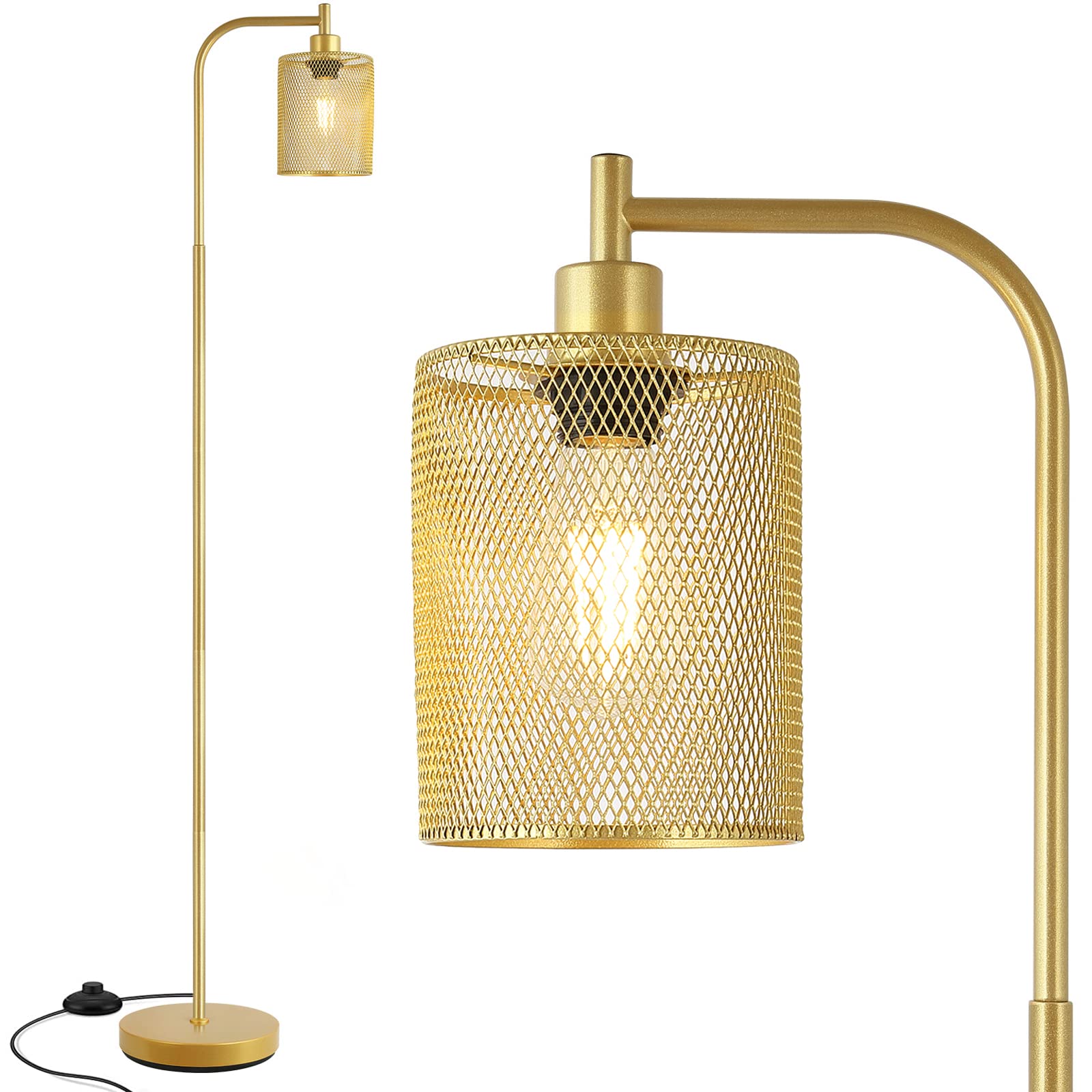BoostArea Industrial Gold Floor Lamp, 67 Inch LED, Metal with Iron Mesh Lampshade, 6W for Living Room, Bedroom, Office