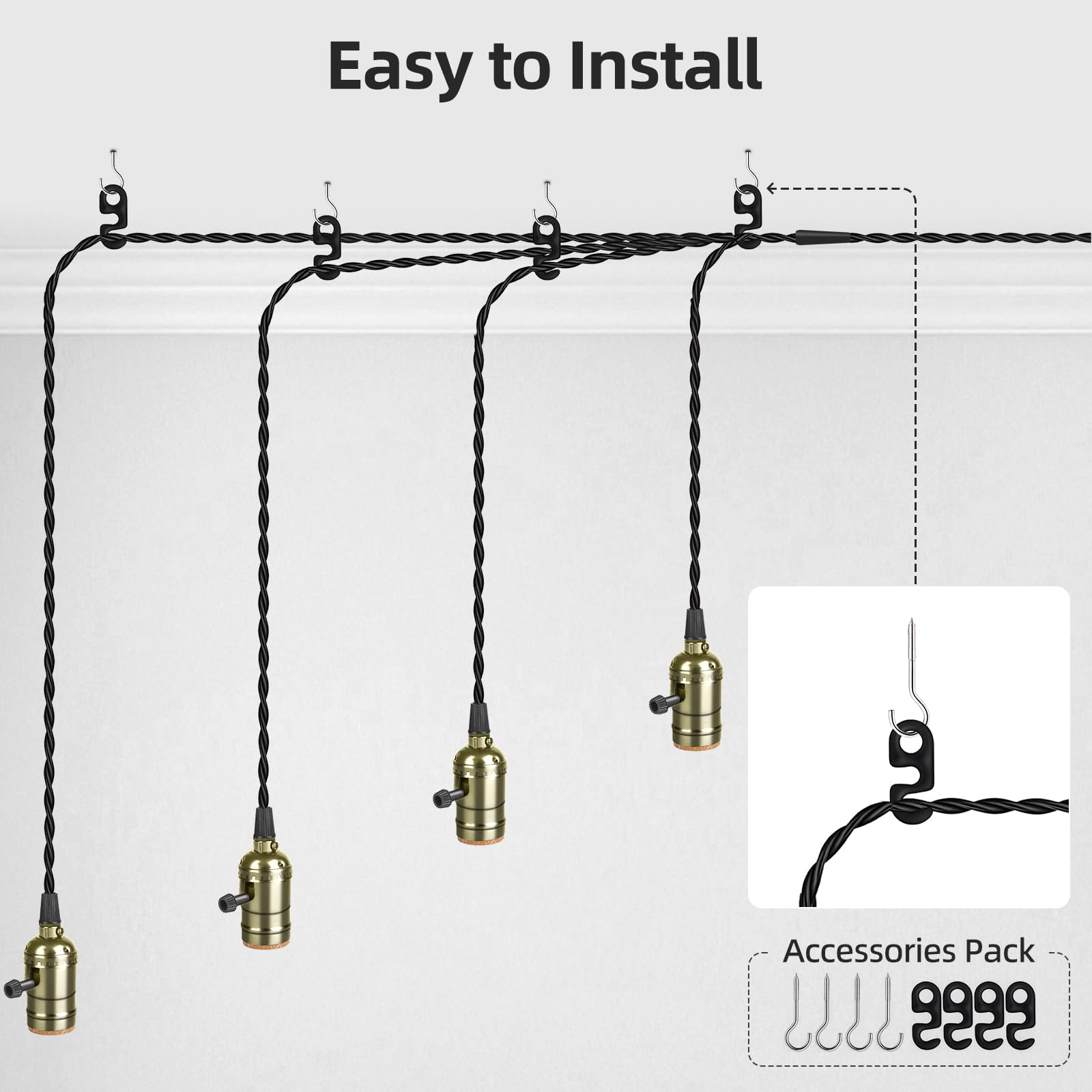 Aokpsrt Vintage Plug-in Pendant Light Kit, 4 E26/E27 Sockets, Metal, Bronze, JD-120, DIY Industrial Lighting for Living Room & Patio