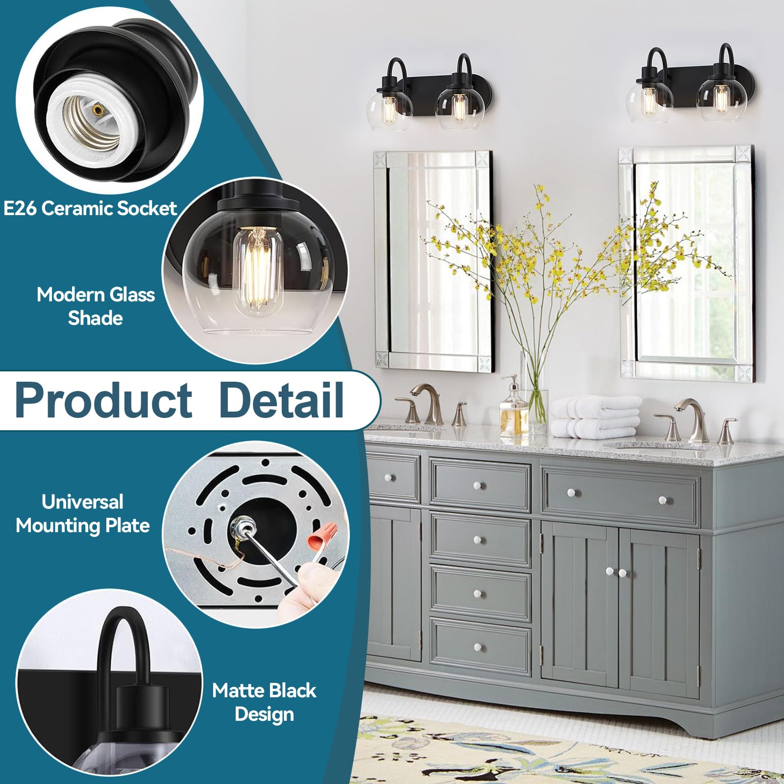 Dpyrrhic 2-Light Bathroom Vanity Light, Matte Black Metal Fixture with Clear Glass Shade, Model JD-192