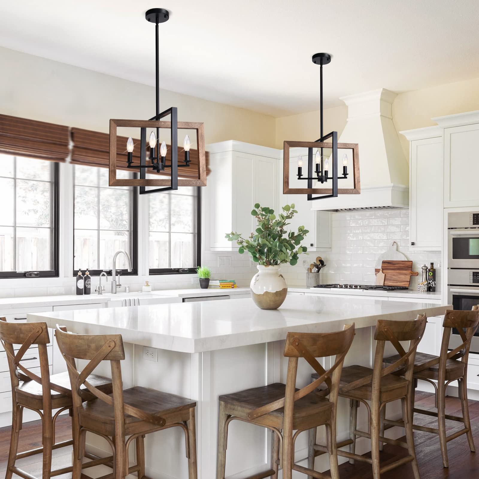 Lingkai Farmhouse Chandelier Pendant Light Fixture, 4-Light, Wood Finish, Model LKCH005WD-4, Ideal for Rustic Kitchen or Dining Room