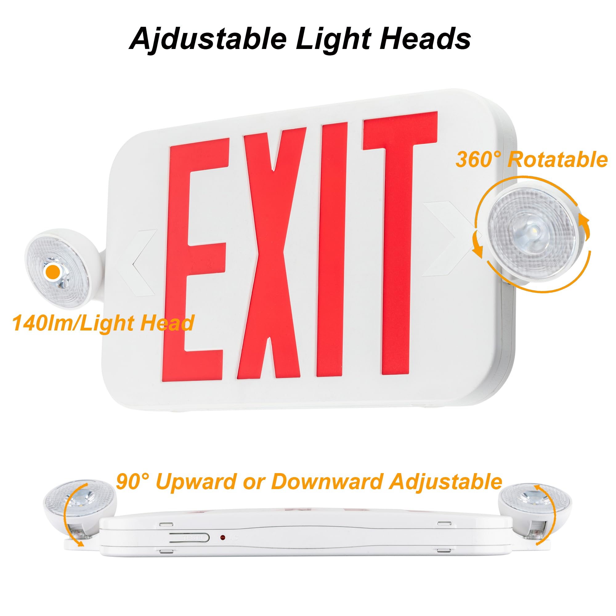 Lit-Path Led Combo Exit Sign With 2 Adjustable Head Lights And Double Face, Back Up Batteries- Us Standard Red Letter Emergency Exit Lighting, Ul 924 And Cec Qualified, 120-277 Voltage, 4-Pack