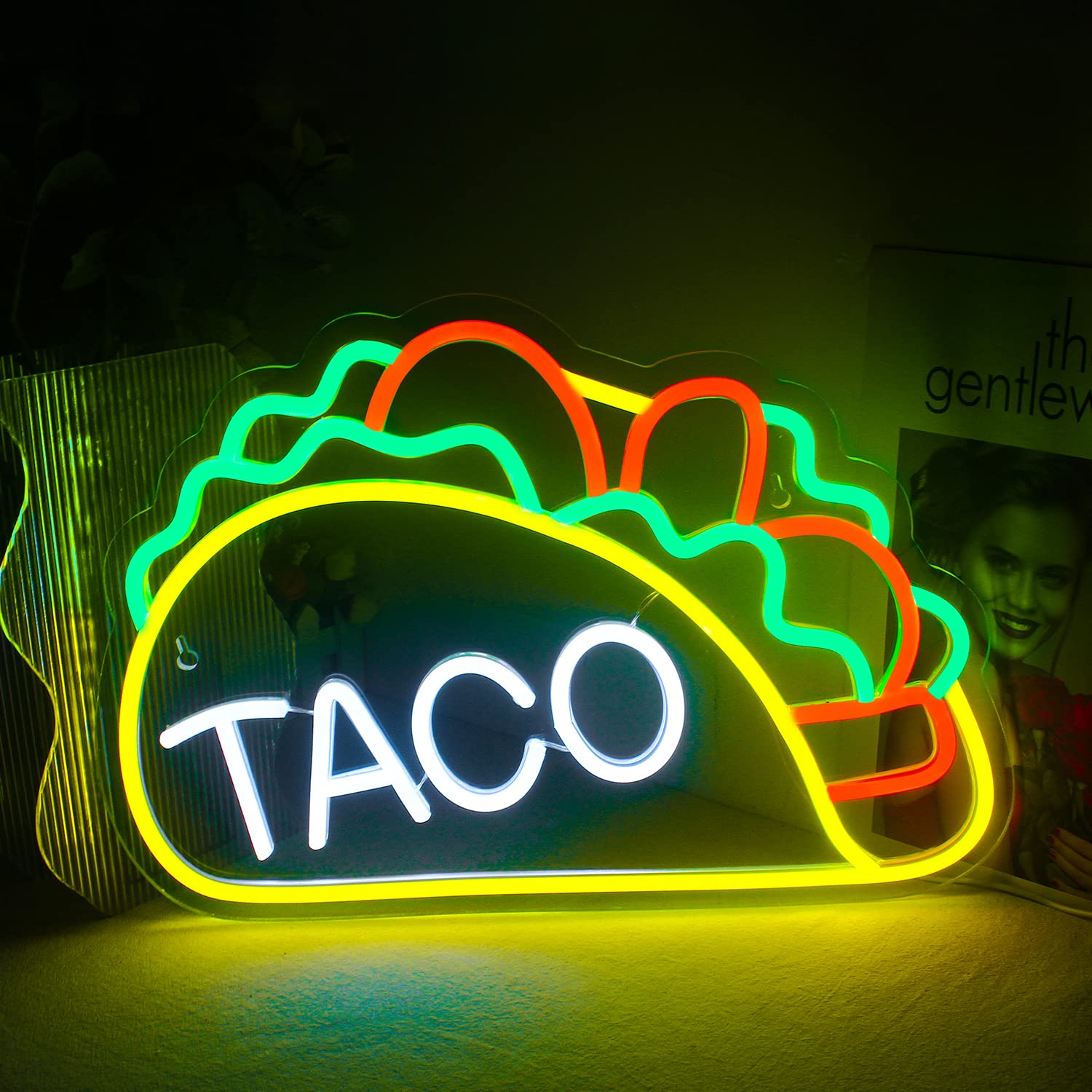 ineonlife Neon Sign Tacos Shaped LED Wall Decor for Kitchen Bar Party - Taco-Yellow Acrylic