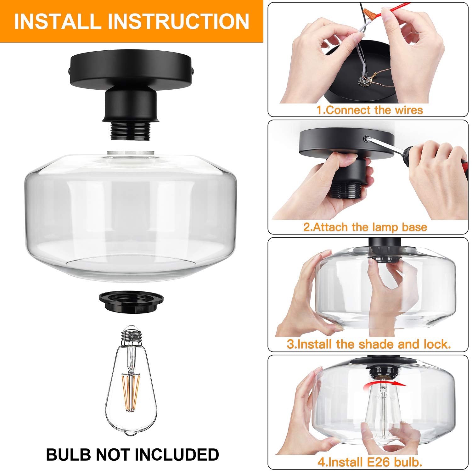 MAXvolador Industrial Semi Flush Mount Ceiling Light, Clear Glass Shade, Black, Model OMTZT-002