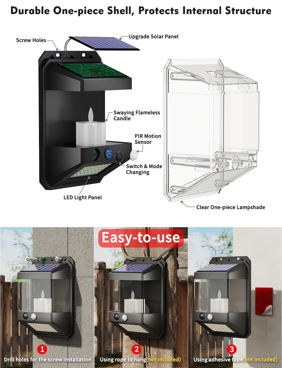 Viodaim Candlelight Flickering Solar Wall Lights Outdoor Motion Lights, Dual-Mode Fence Lights Solar Powered Waterproof, Led Outdoor Wall Lights For House, Gate, Deck, 4Pack [Upgraded]