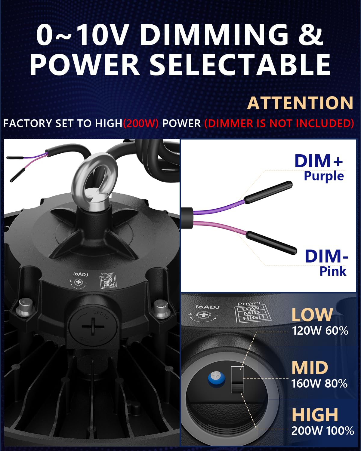 Beilbs Ufo Led High Bay Light, 200W Led Shop Lights, 0-10V Dimmable 30000Lm 5000K, 60%-100% Power Selectable Bay Light For Wareh