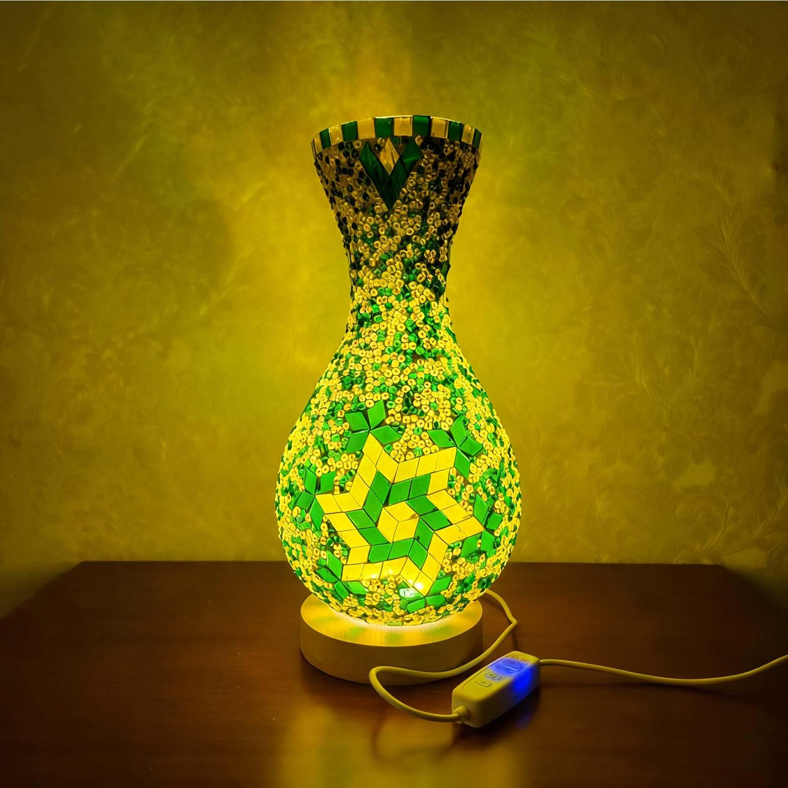wpdash Turkish Mosaic Vase Table Lamp - Wood Base Plug-in Button Switch Can Hold Water Bedside Ambiance Living Room Decor and Se