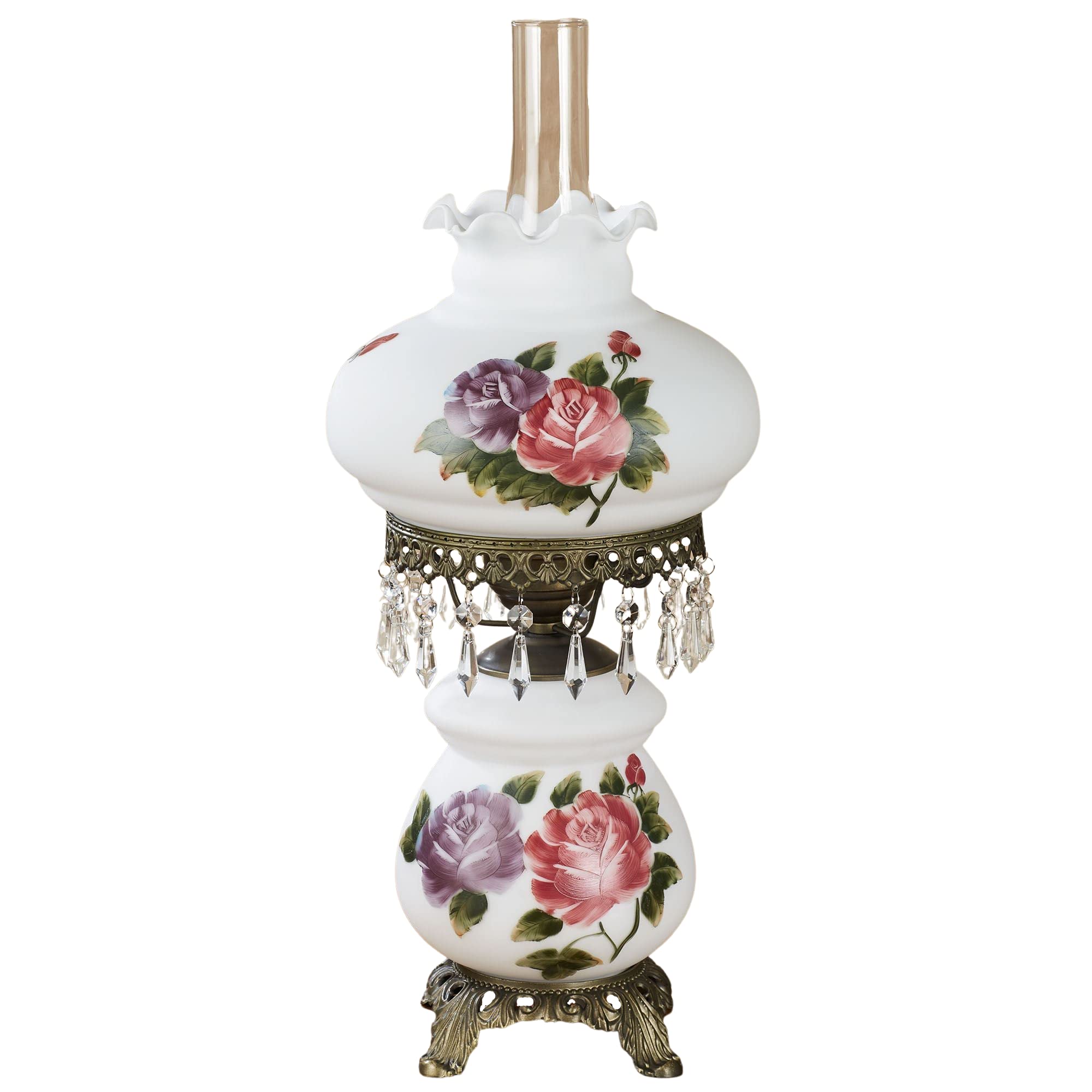 Touch Of Class Olivia Jane Hurricane Table Lamp - White - Antique Brass Metal Base, Acrylic Crystal Gems, Glass Scalloped Shade 