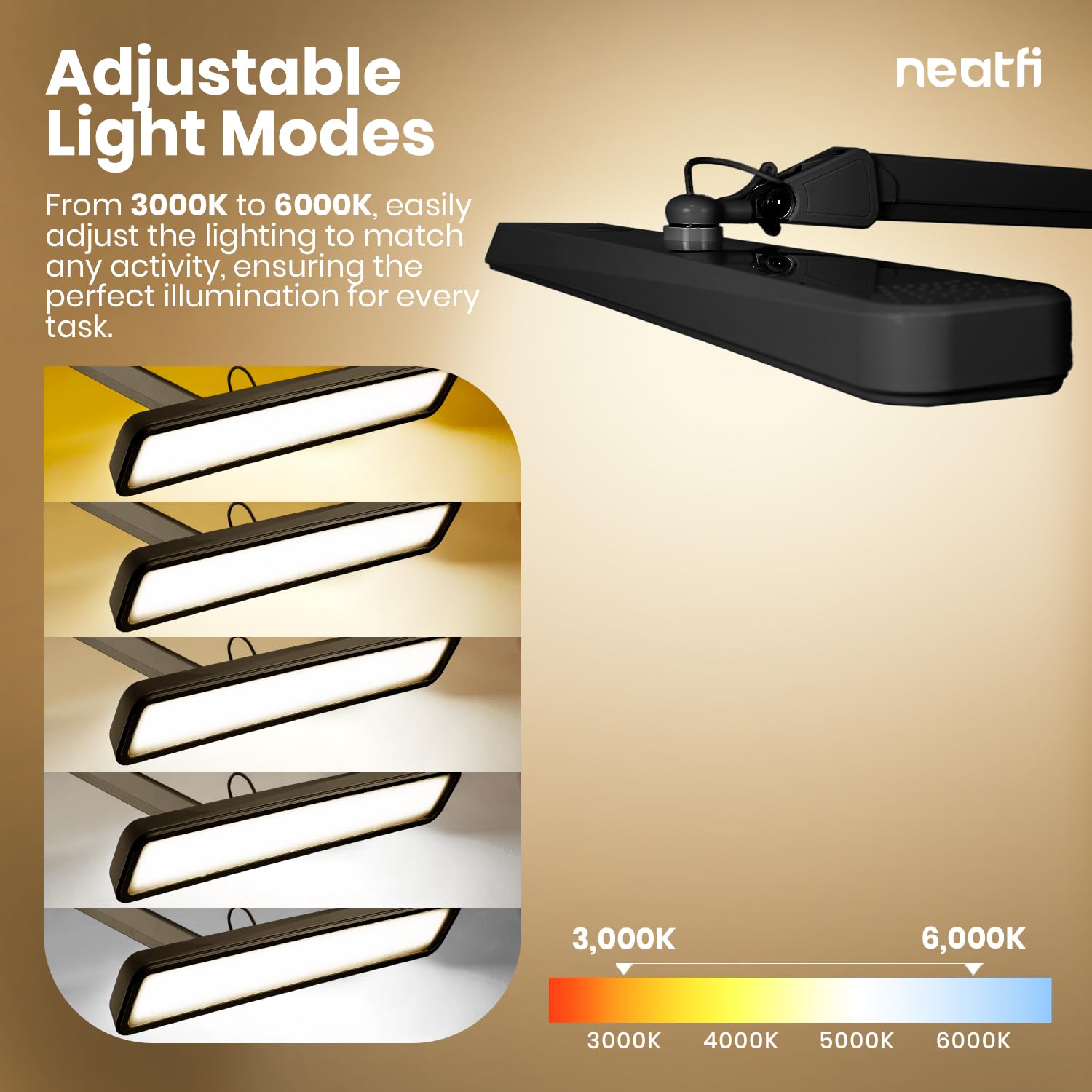 Neatfi LED Task Lamp, 2500 Lumens, Dimmable, 3 Light Modes, 3000-6000K, CCT, Black, Model 9505LED-