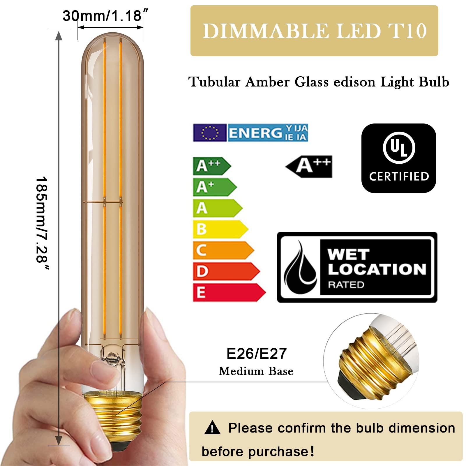 NOVELUX Edison Bulbs 60W LED Dimmable T10 Tubular Light, 2200K Amber, Glass, E26 Base, 6 Pack