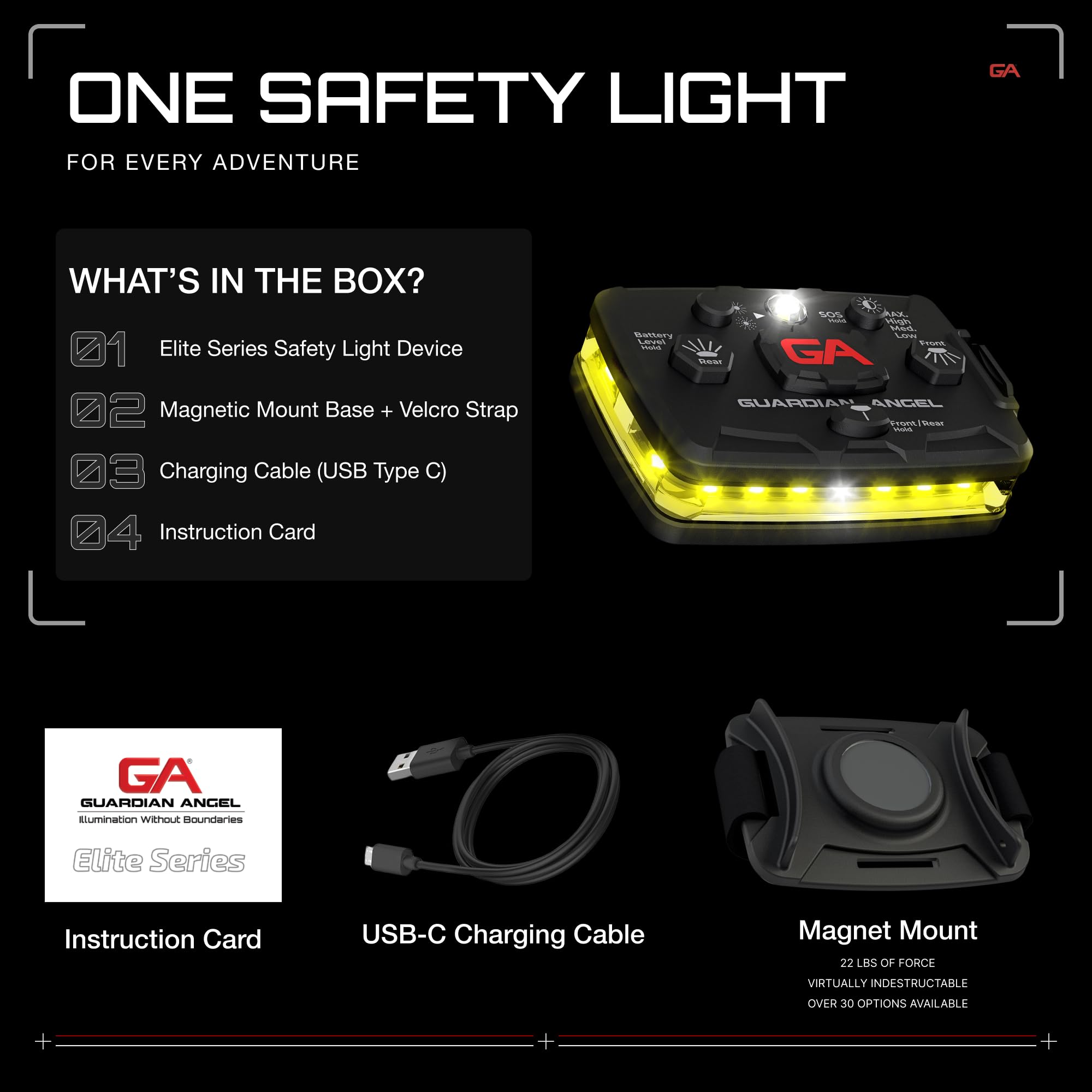Guardian Angel Elite Series Safety Light, Beacon Device (Yellow Front & Yellow Rear) Rechargeable, Magnetic, Hands-Free Wearable