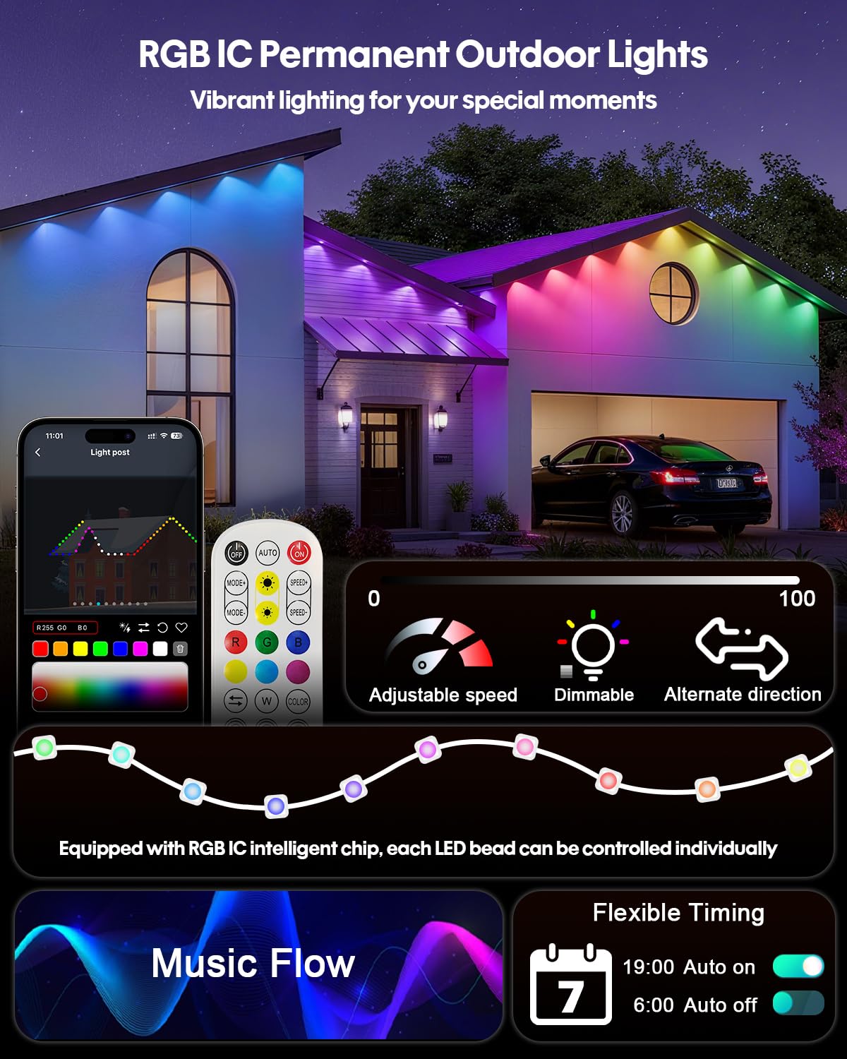 Super Rgb Smart Permanent Outdoor Lights  200Ft 120Leds Color Changing Rgb Ic Wall Lights  App & Remote Control  Music Sync  Dynamic Lighting For House  Living Room  Ceiling  Eave Party Xmas Decor