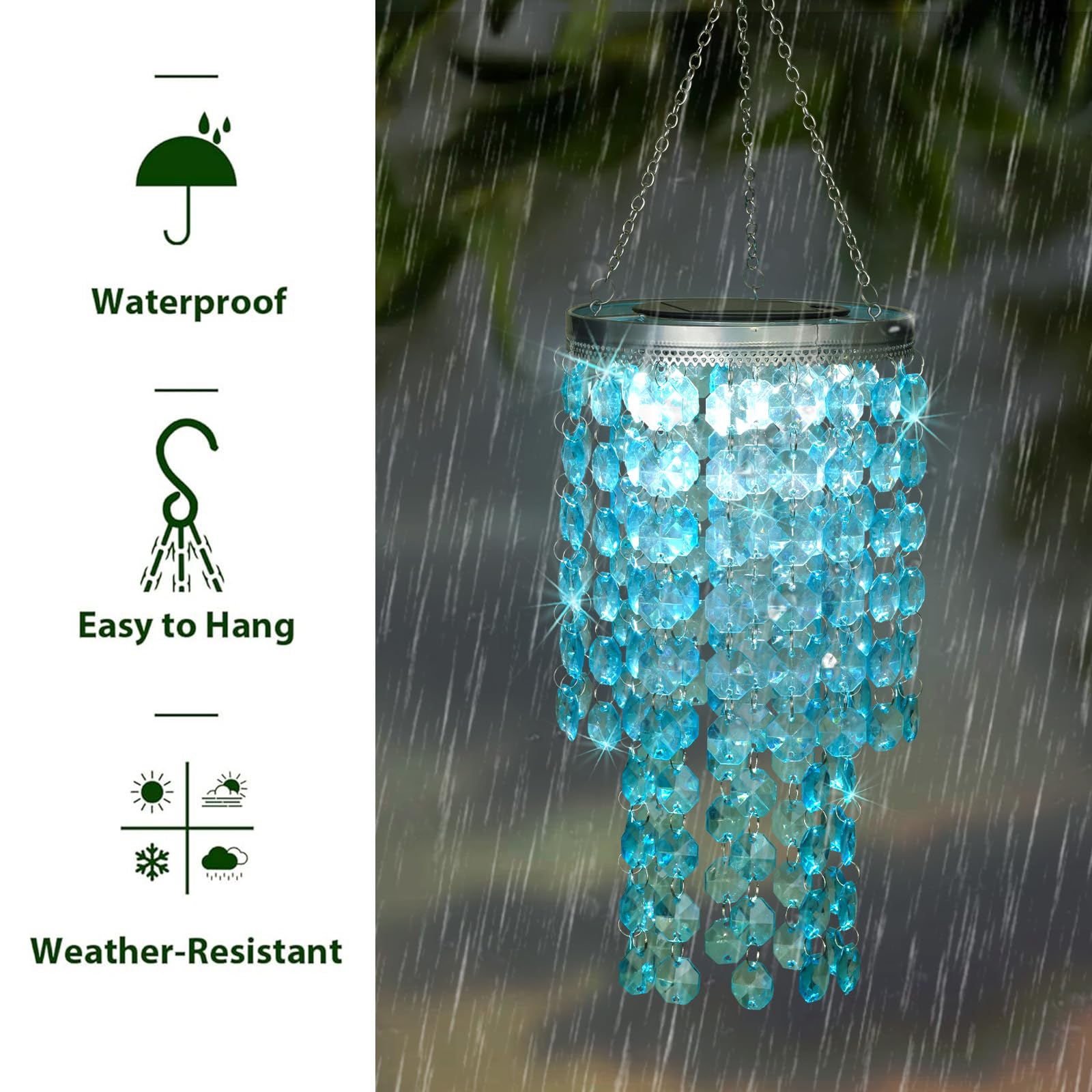 Hanging Solar Crystal Chandelier Outdoor, 21    Modern Solar Blue Acrylic Beaded Lantern With Cool White Led S Hooks For Garden