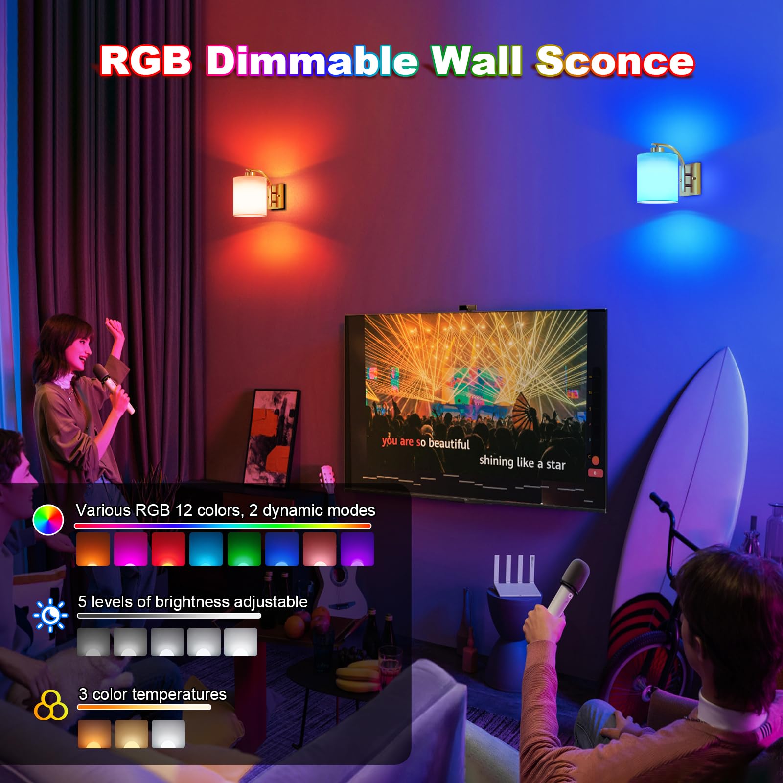 Aiilsmp Battery Operated Wall Sconce Set of Two, Gold, Dimmable 12 Color Modes, Wireless, Model YMX-1011
