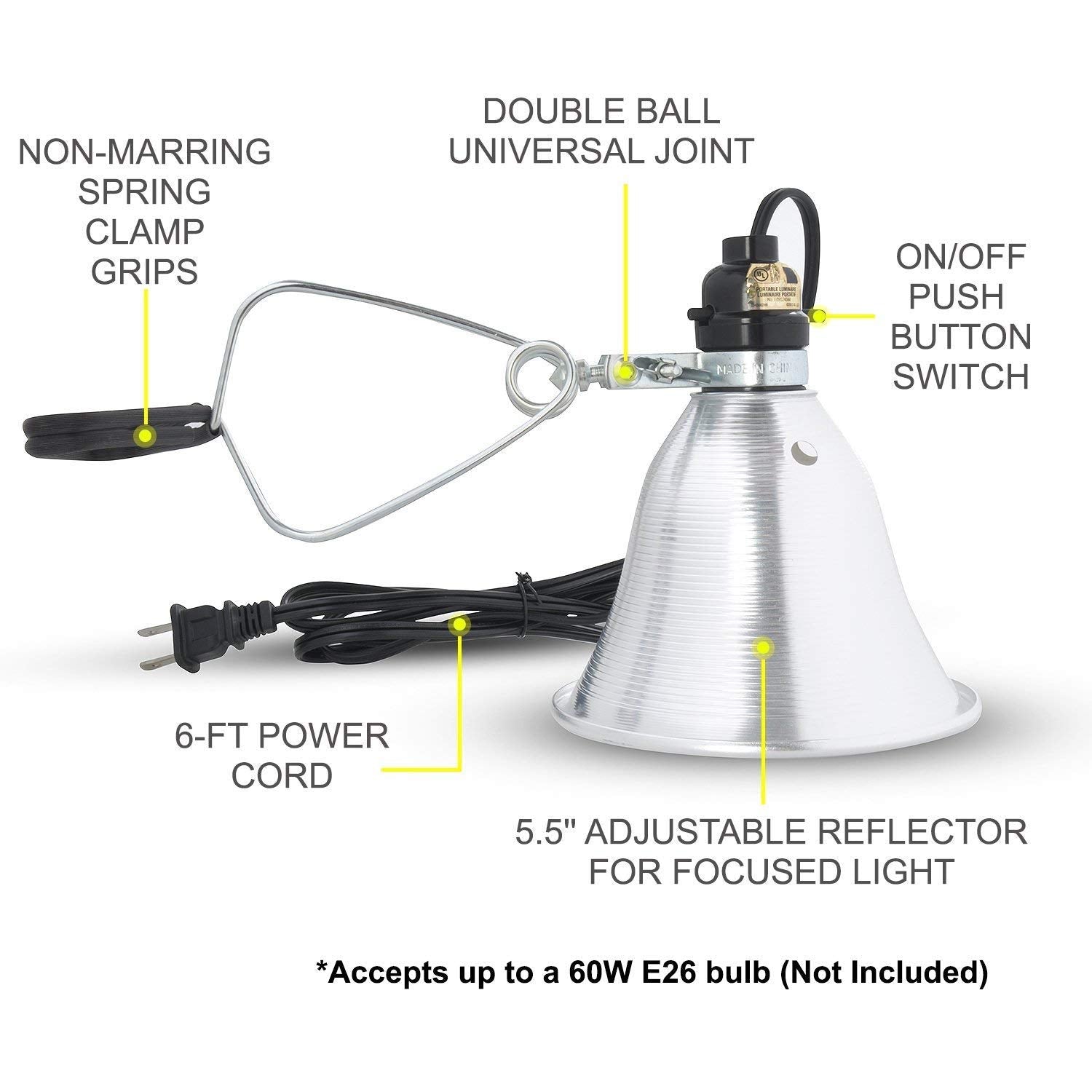 Simple Deluxe Clamp Lamp Light 2-Pack with 5.5in Reflector, 60W E26, 6ft Cord, Silver