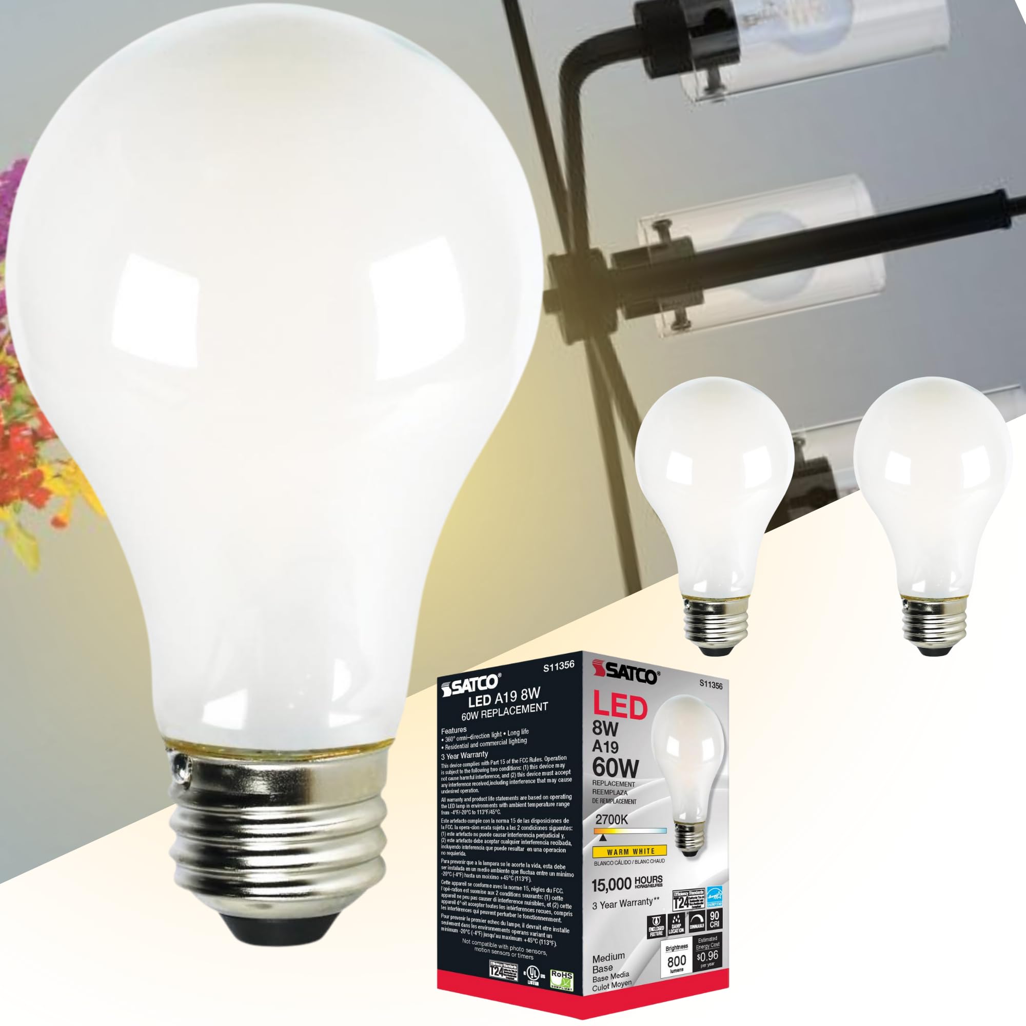Satco 8W LED A19 Light Bulb 2700K Soft White 800 Lumens E26 Medium Base Dimmable 320 Degree Beam Enclosed Fixture Rated 120V California T24 Compliant S11356 (2 Pack)