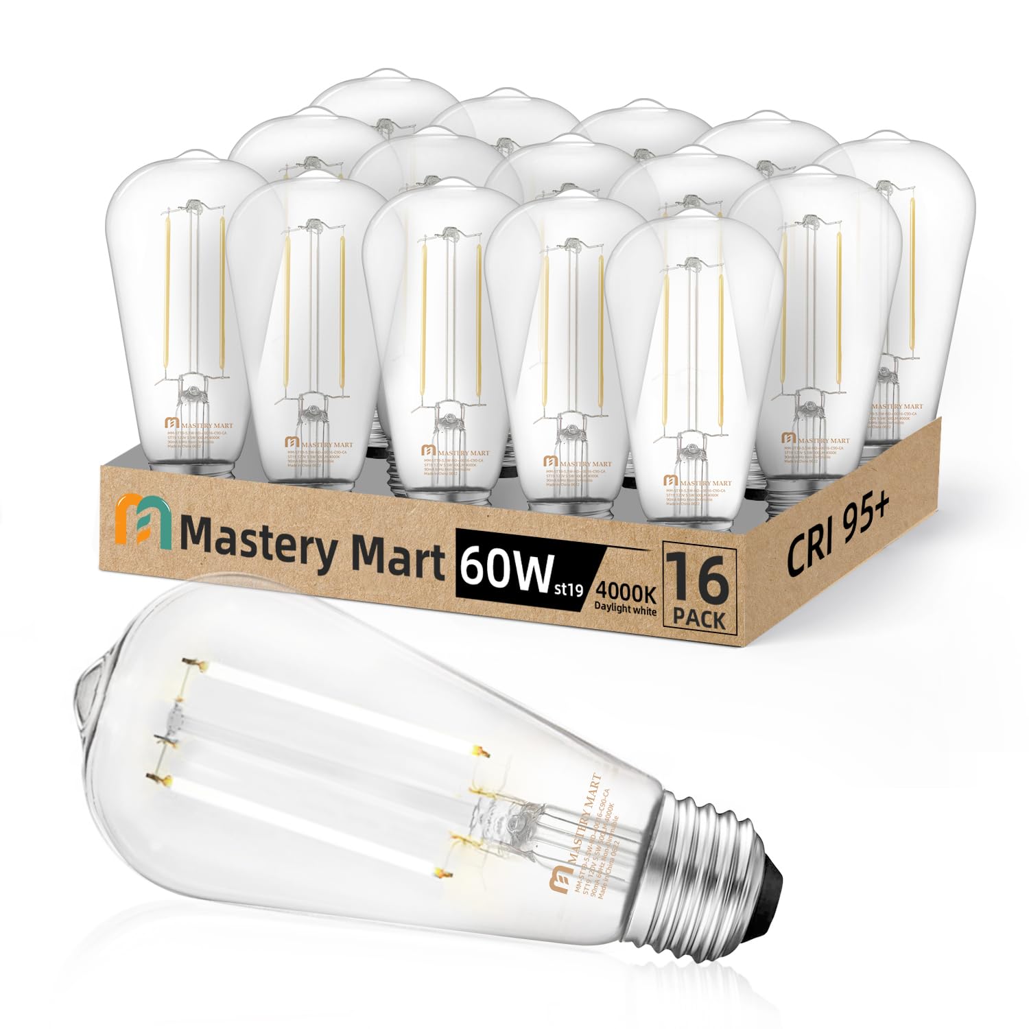16 Pack St19 Led Edison Bulb, 5.5W (60W Equivalent) 500Lm Cri 95+, Non-Dimmable, 4000K Cool White, E26 Medium Base, Vintage Fila