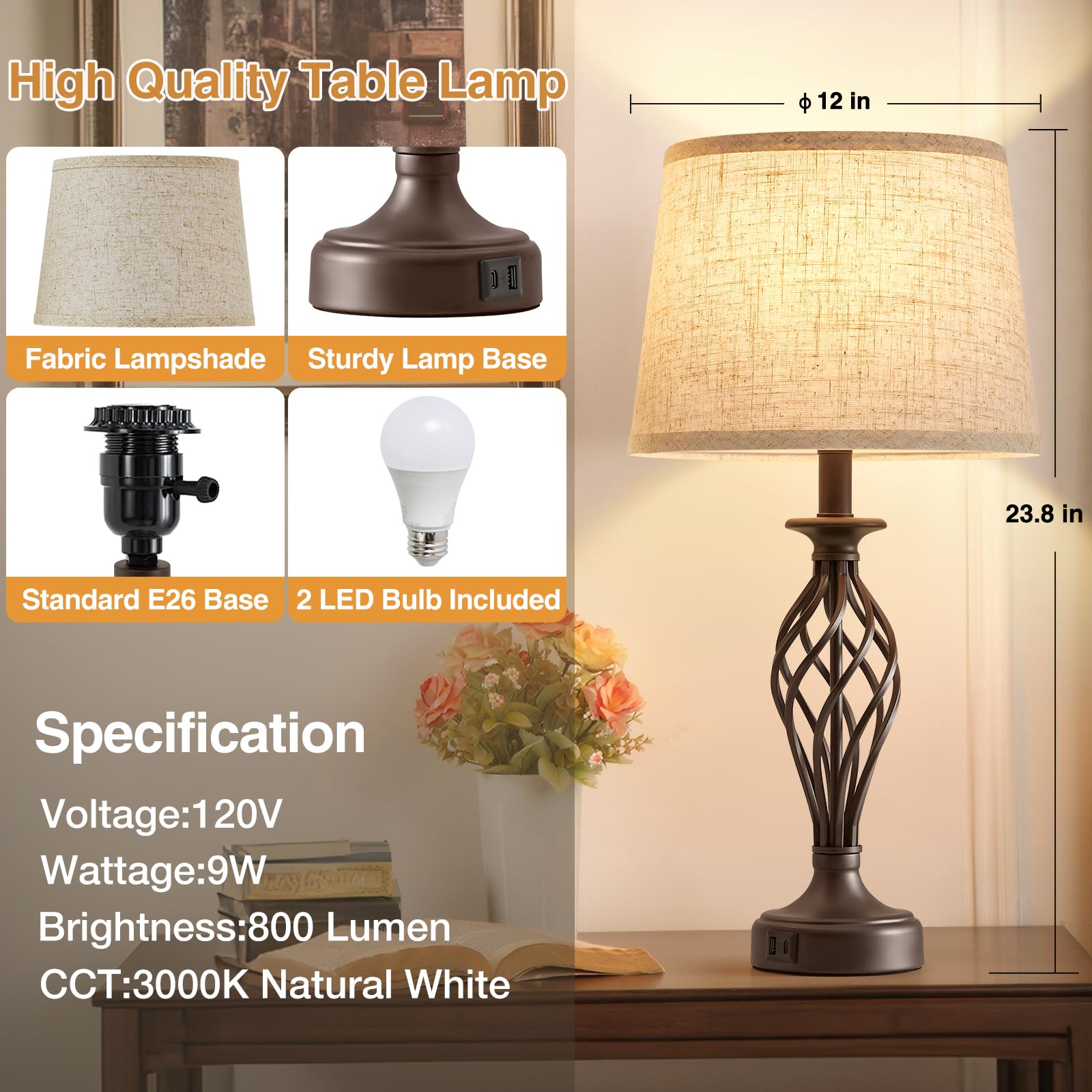 Table Lamp For Bedroom Set Of 2 With Usb C+A Ports - Modern Brown Bedside Lamps With Spiral Cage Base Fabric Shade - Nightstand