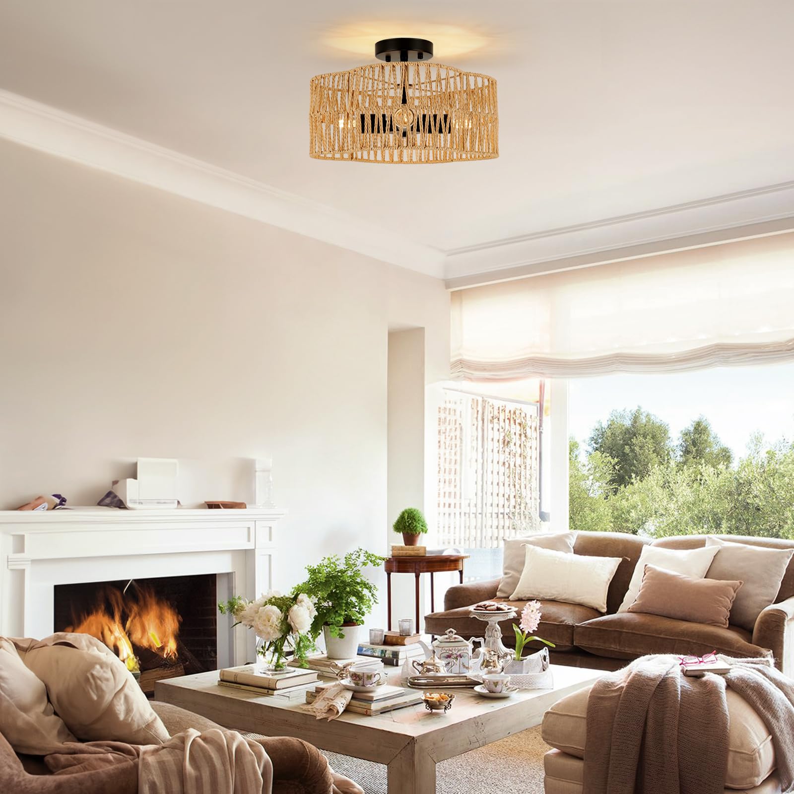 Foucasal 4-Light Boho Rattan Ceiling Light Fixture, Modern Semi Flush Mount Chandelier