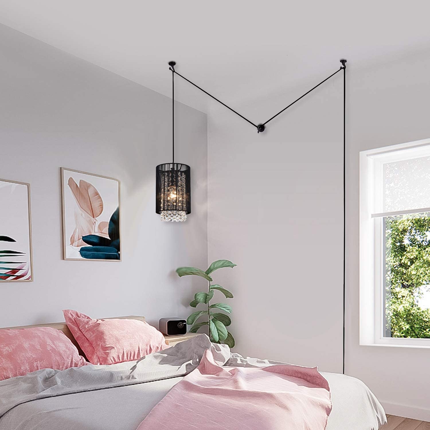 LaLuLa Mini Chandelier, Black Metal and Crystal, 5.9in Easy to Install Light for Bedroom, Nursery, Bathroom, Office