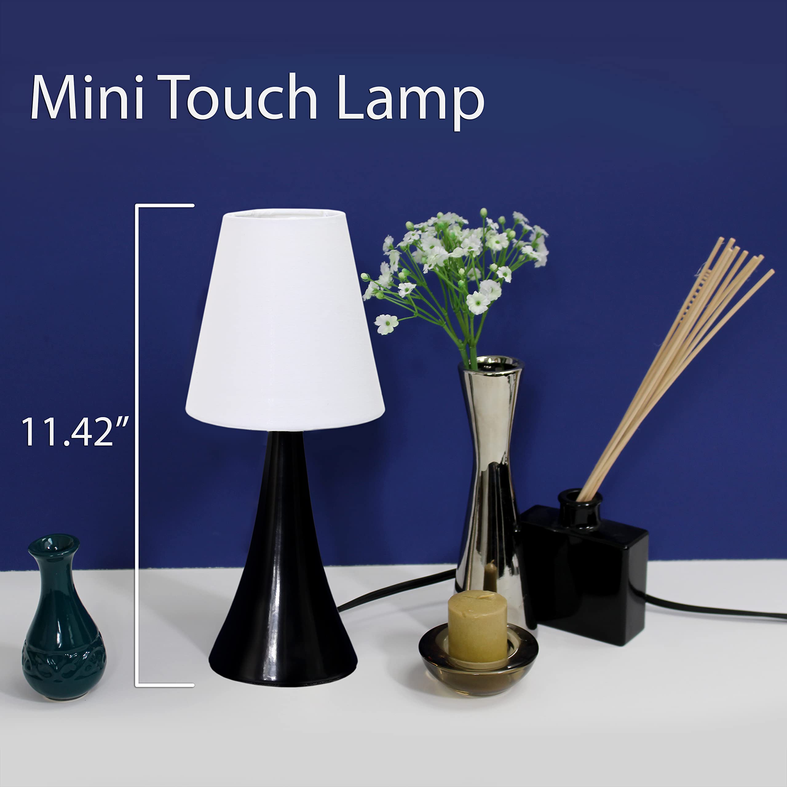 Simple Designs Lt2042-Blk-2Pk 12" Valencia 2 Pk Contemporary 4 Settings Touch Metal Mini Tapered Table Lamp Set W Fabric Shades For Décor,Nightstand,End Table,Bedroom,Living Room,Office,Foyer,Blk Wht