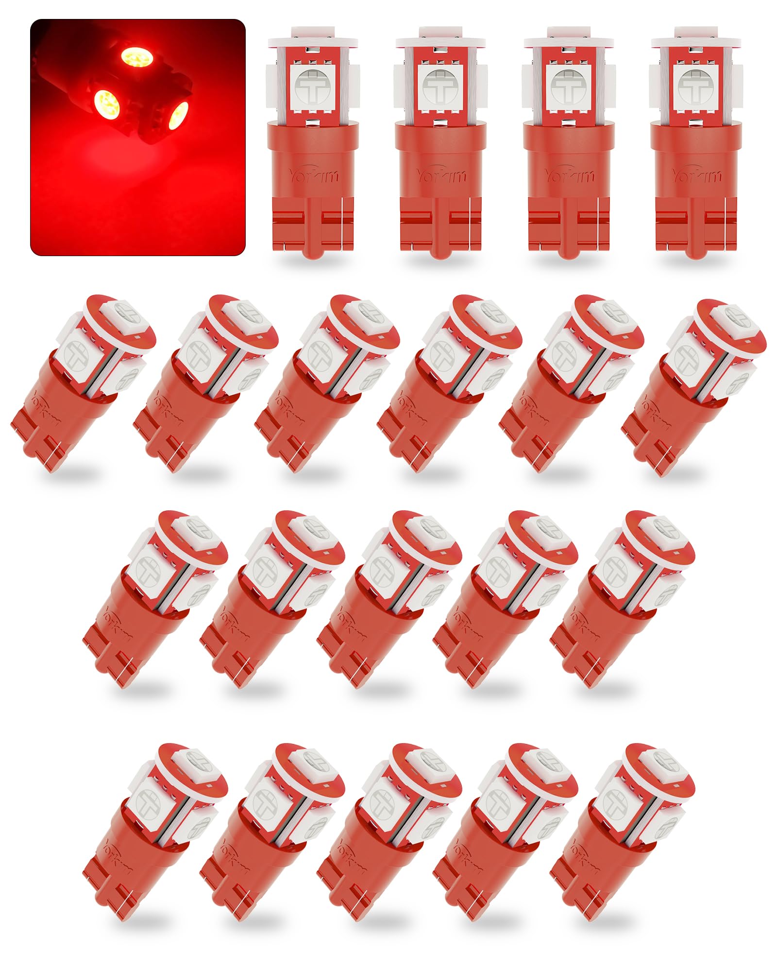 Yorkim T10 194 LED Bulbs Red Super Bright, Pack of 20 for Car Interior Dome License Plate Map Door Courtesy Lights
