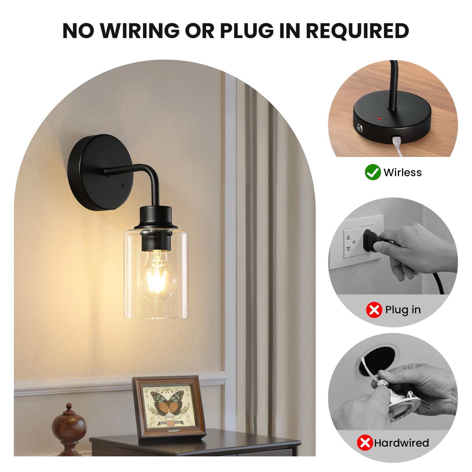 Epinl Battery Operated Wall Sconce Set of 2, Dimmable Wireless Lamps, Rechargeable, Black, Model 8210
