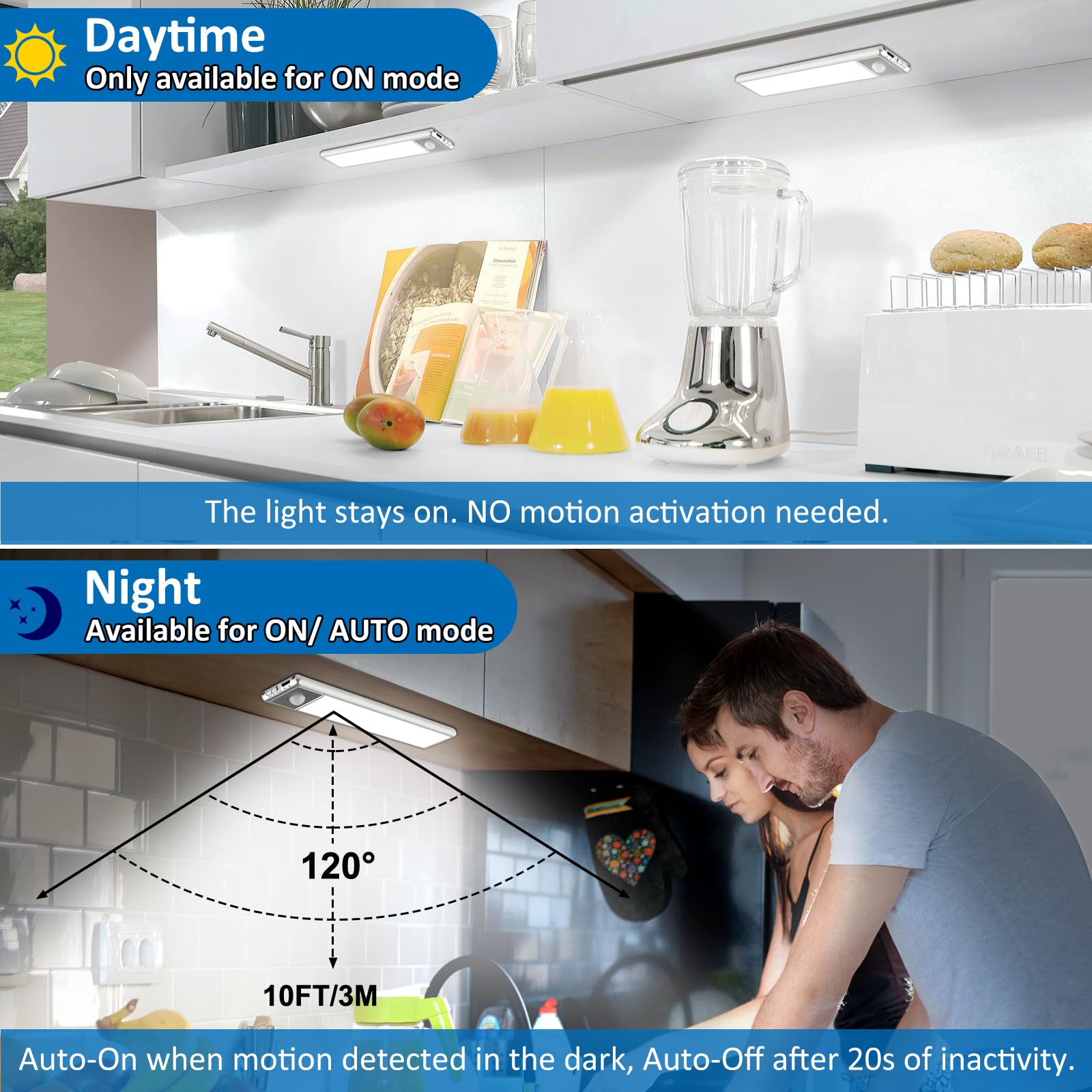 YLXS Motion Sensor Under Cabinet Lighting, 8-inch, Magnetic, Rechargeable, Cool White, 3-Pack, Model T081