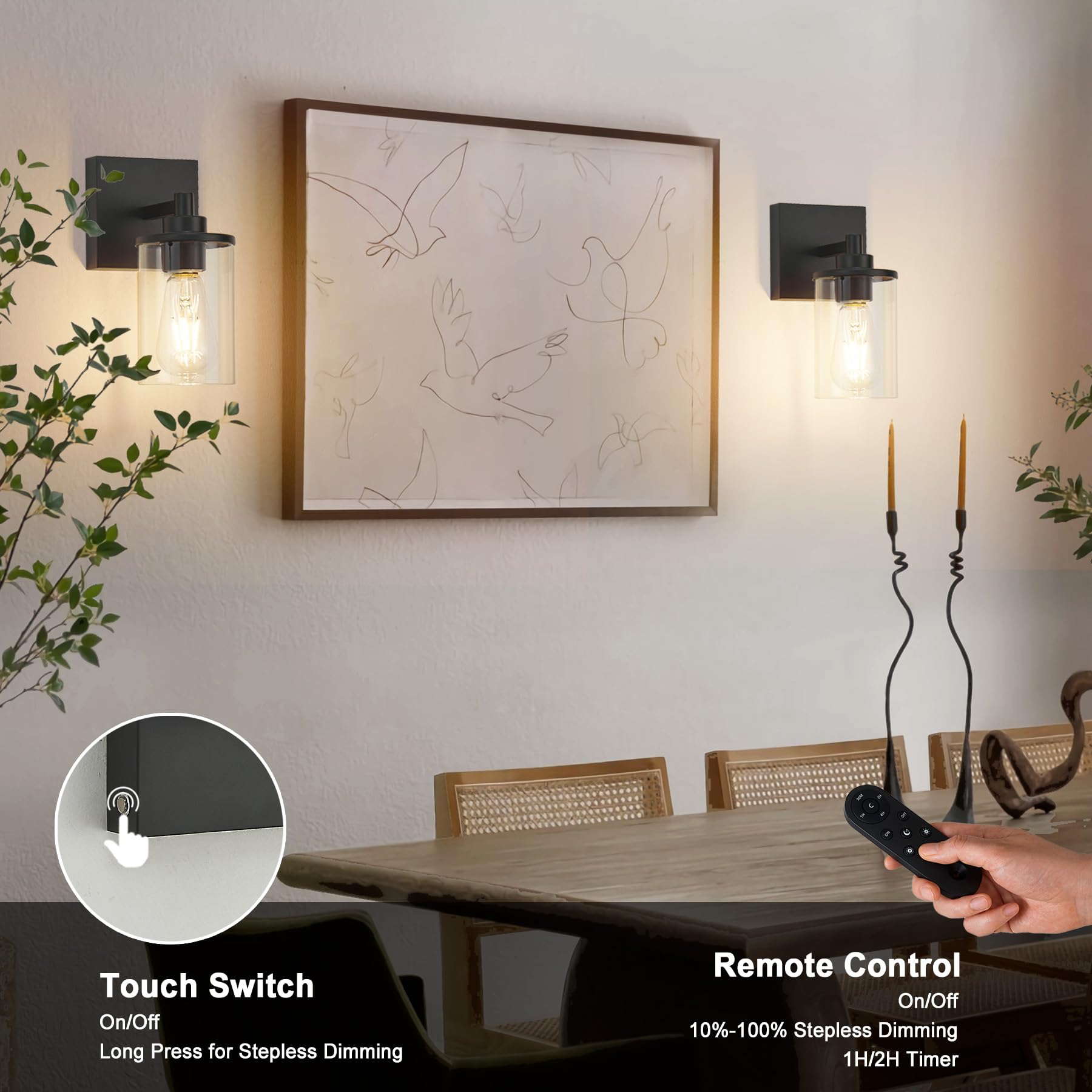 Battery Operated Wall Sconce Set of 2 with Remote Control, Black Rechargeable Wireless Wall Decor Light with Glass Shade, Cordle