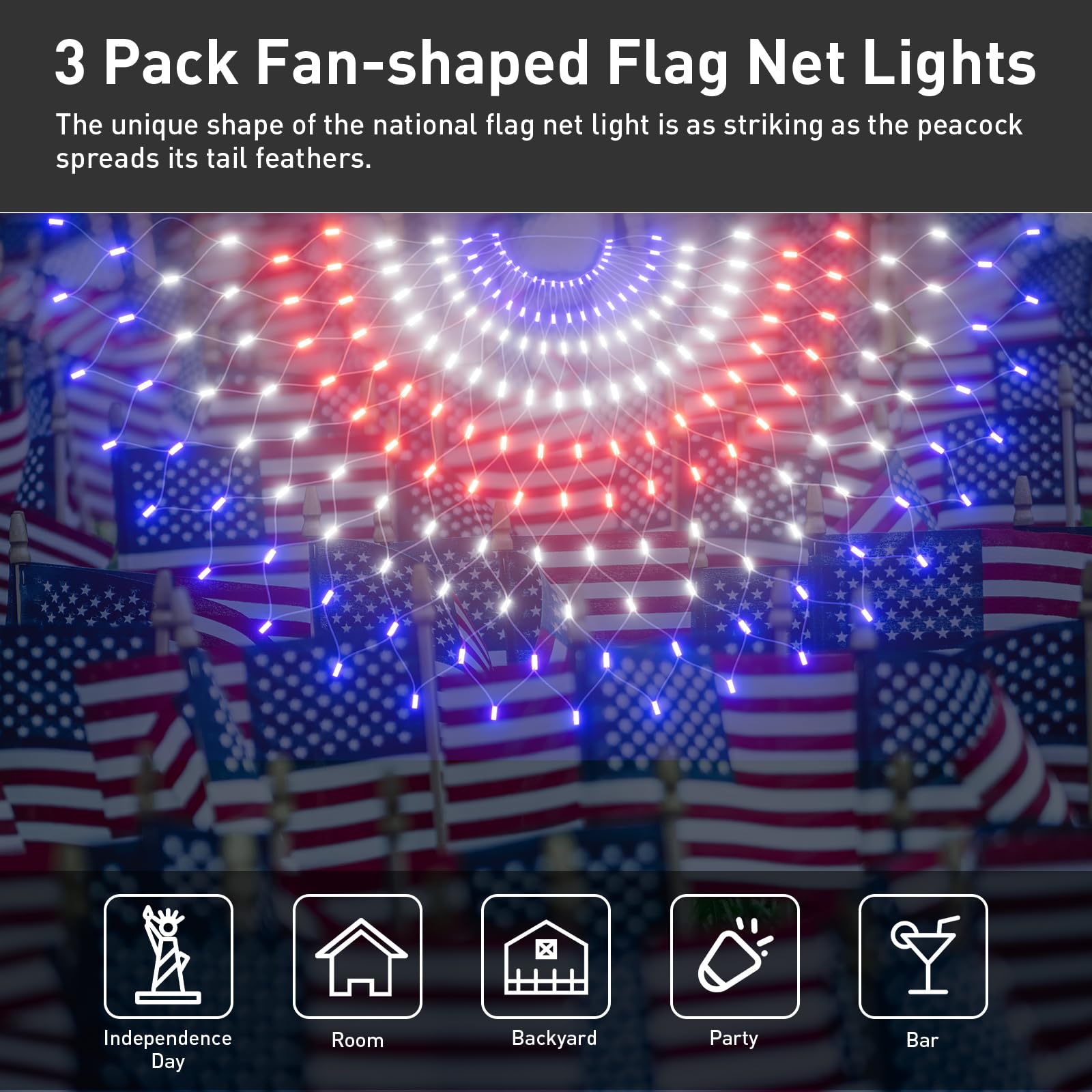 Leisure World 150 Led American Flag Lights, 3 Pack, 8 Modes, Outdoor Patriotic Decor