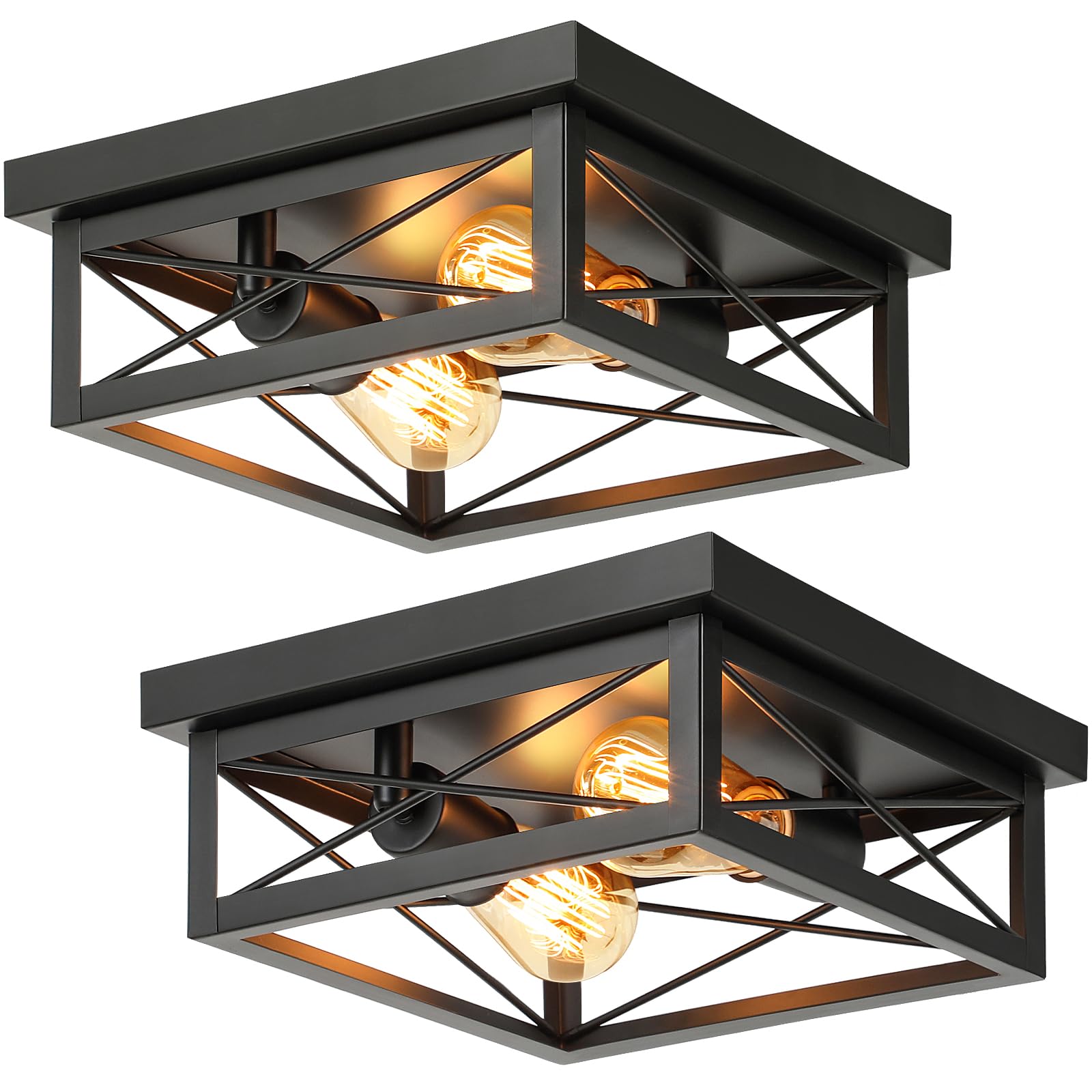 Kondras 2-Light Industrial Square Flush Mount Ceiling Light, Farmhouse Ceiling Light Fixture for Kitchen, Modern Black Close to 