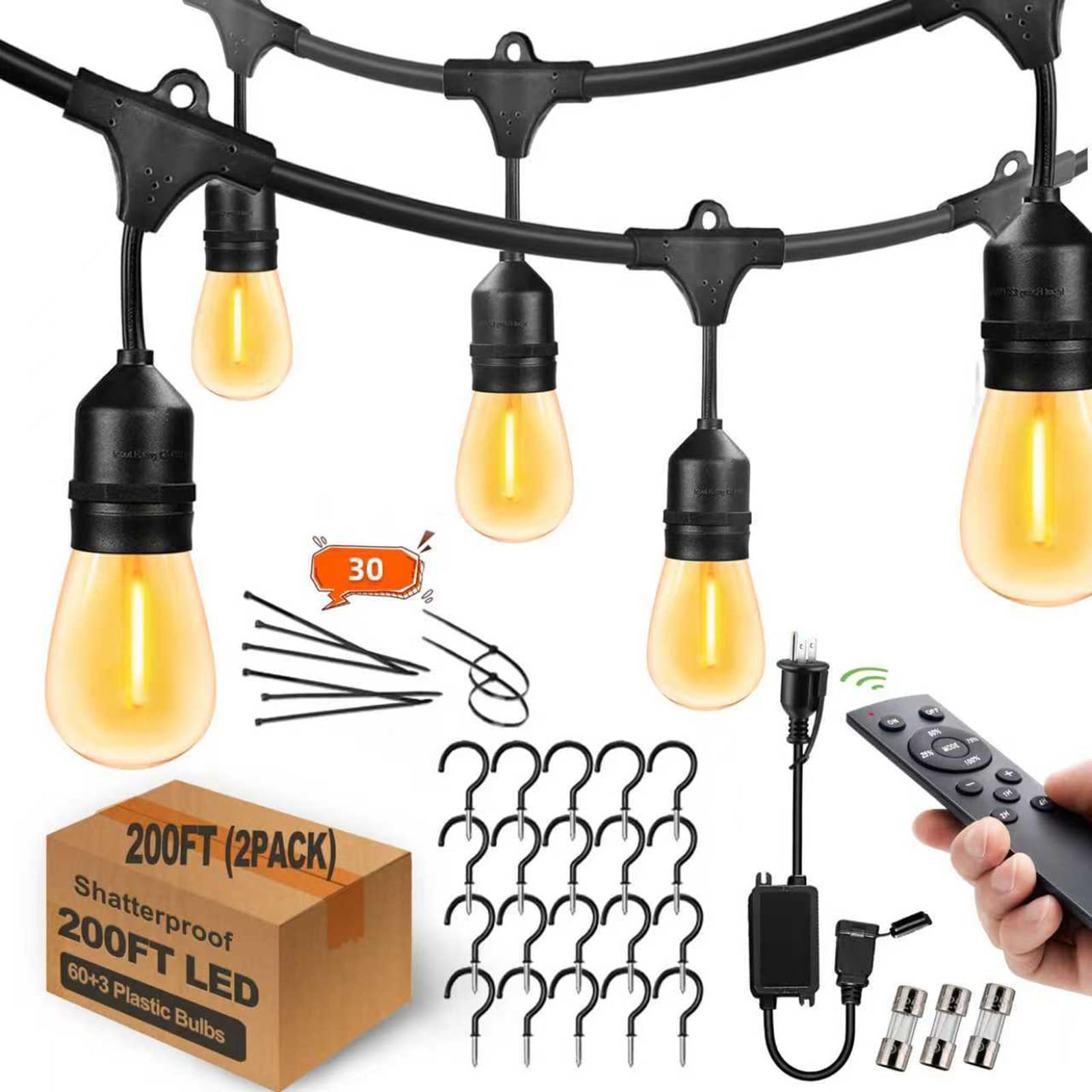 Remote Control Outdoor String Lights 200FT for Outside Patio Lights Waterproof with 63 Replaceable S14 Bulbs for Bistro Pergola