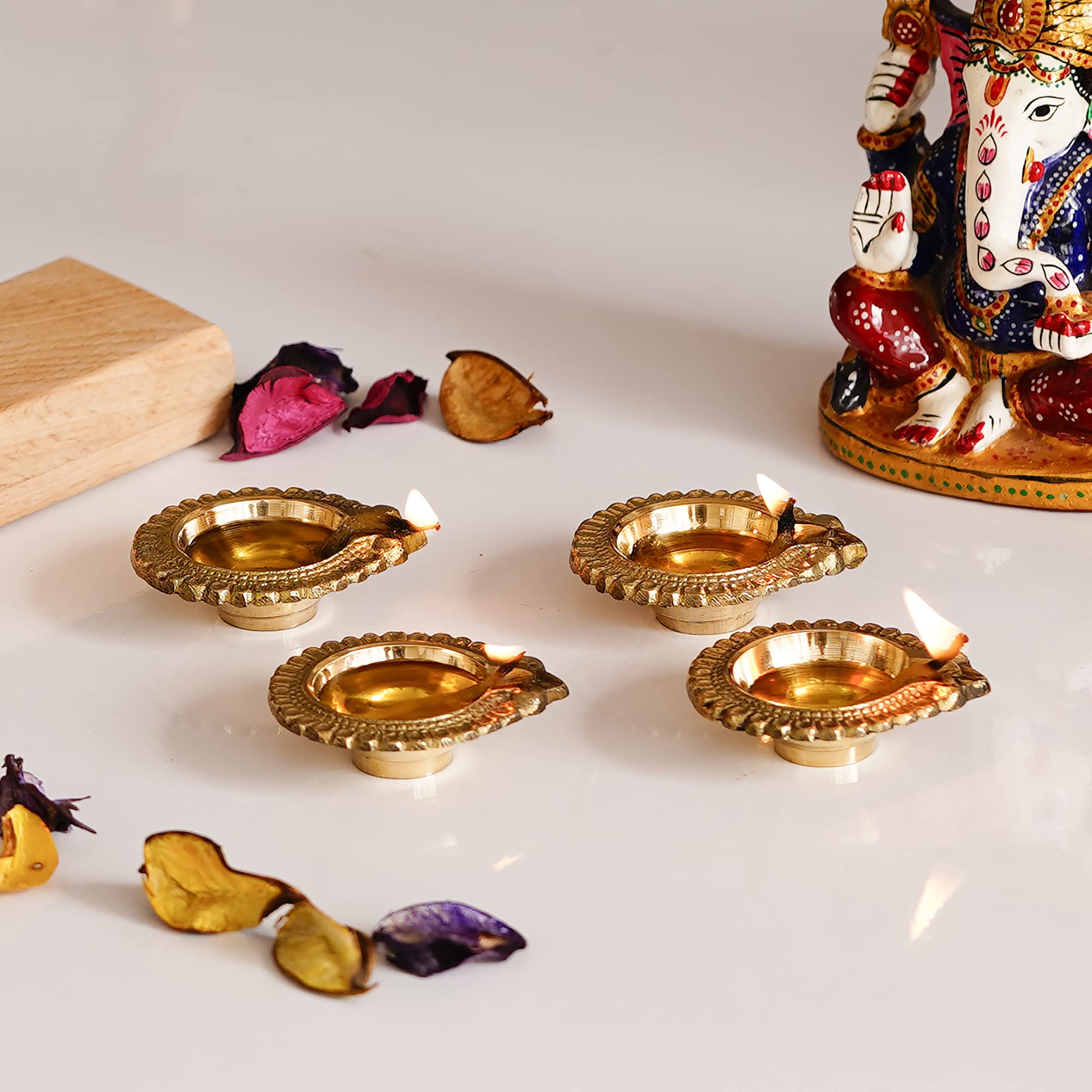 eCraftIndia Set of 4 Decorative Handcrafted Golden Brass Diyas - Ideal for Festivals, Home Decor, and Thoughtful Gifting - Diwal