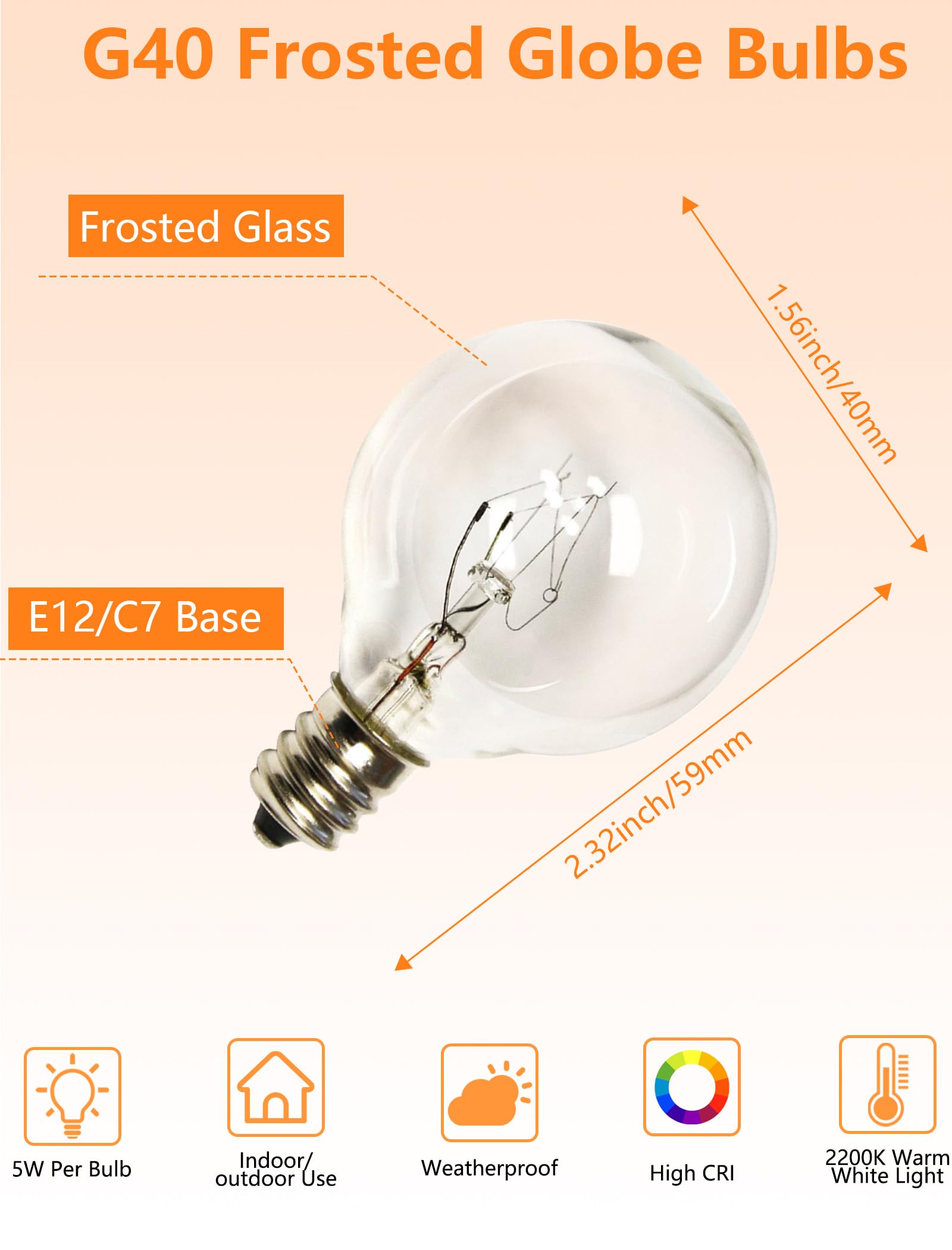 G40 Replacement Light Bulbs, 5W Globe Bulbs Fits E12/C7 Candelabra Screw Base, 1.5 Inch Clear Small Light Bulbs For Indoor Outdo
