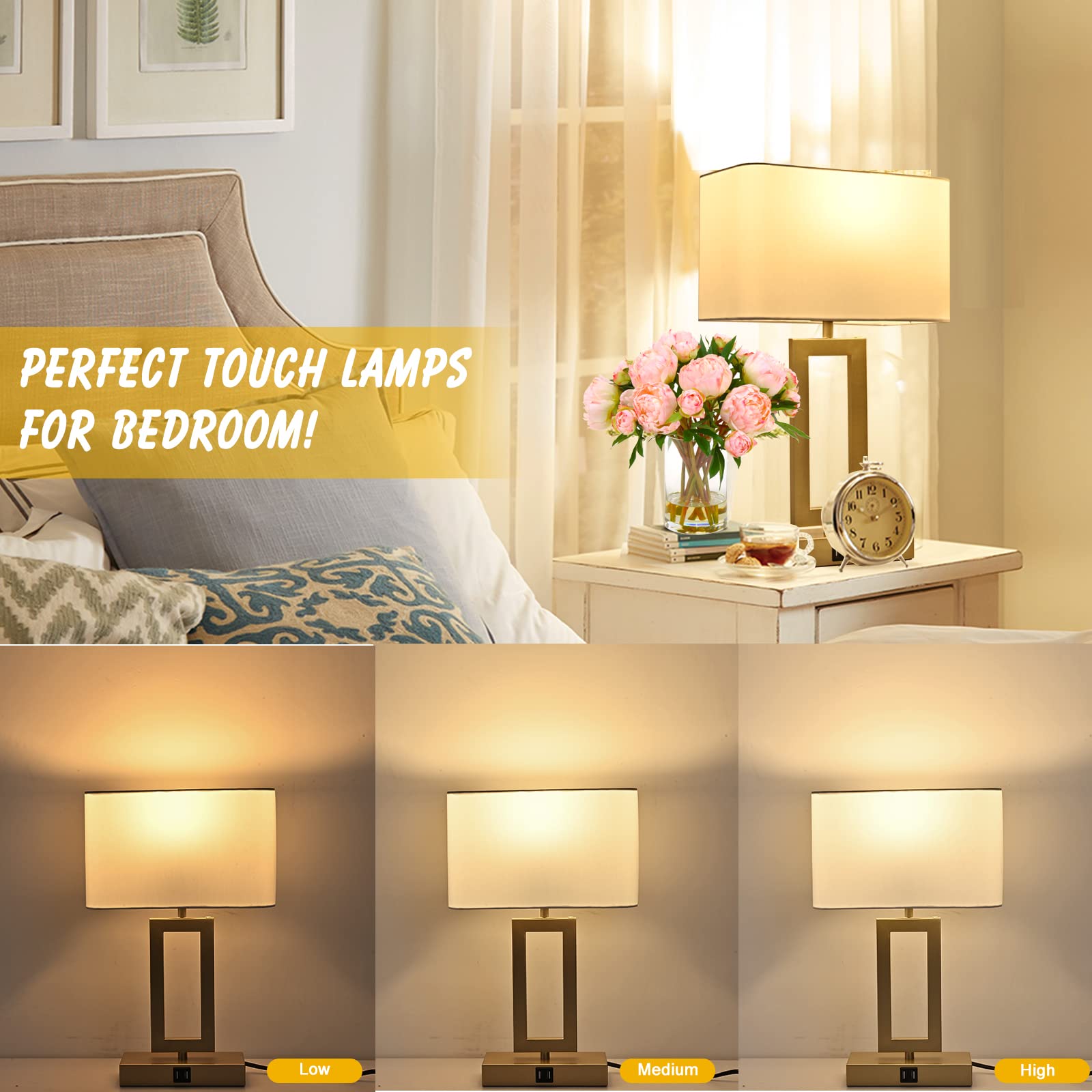 BrightWe Set of 2 Touch Control Table Lamps, 3-Way Dimmable, Medium Size, Metal, Gold & White, Model QL5166W-S, with Dual USB Ports
