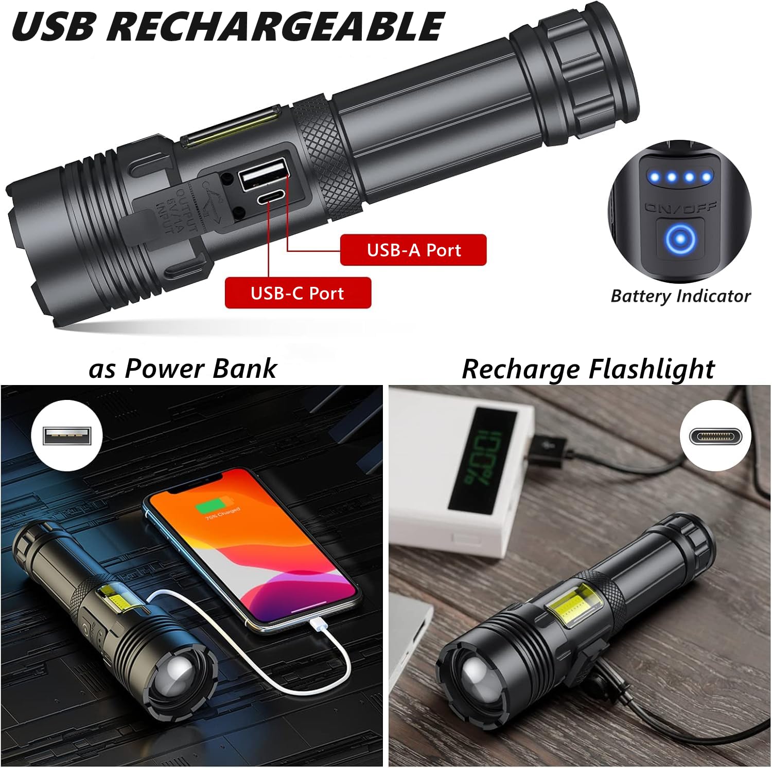 WSSBOND Rechargeable Flashlights 7 Modes High Lumens Tactical LED Flashlight, Black, Model FL1670, 2-Pack for Home Camping